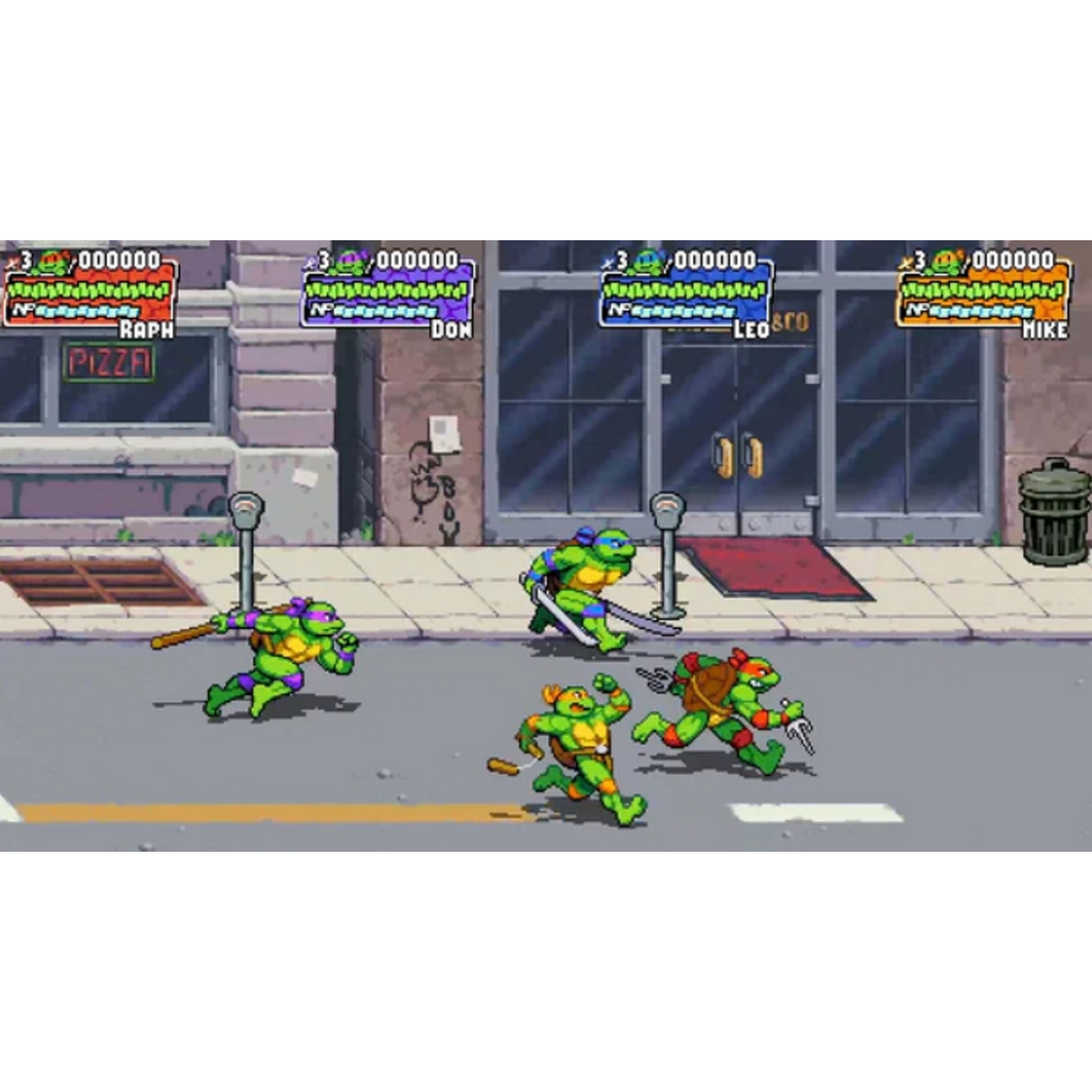 Escena del videojuego de las Tortugas Ninja. Tortugas luchando en una calle de la ciudad.