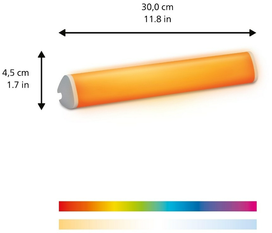 Oranje LED-lichtbalk met afmetingen. De balk heeft kleuropties hieronder.