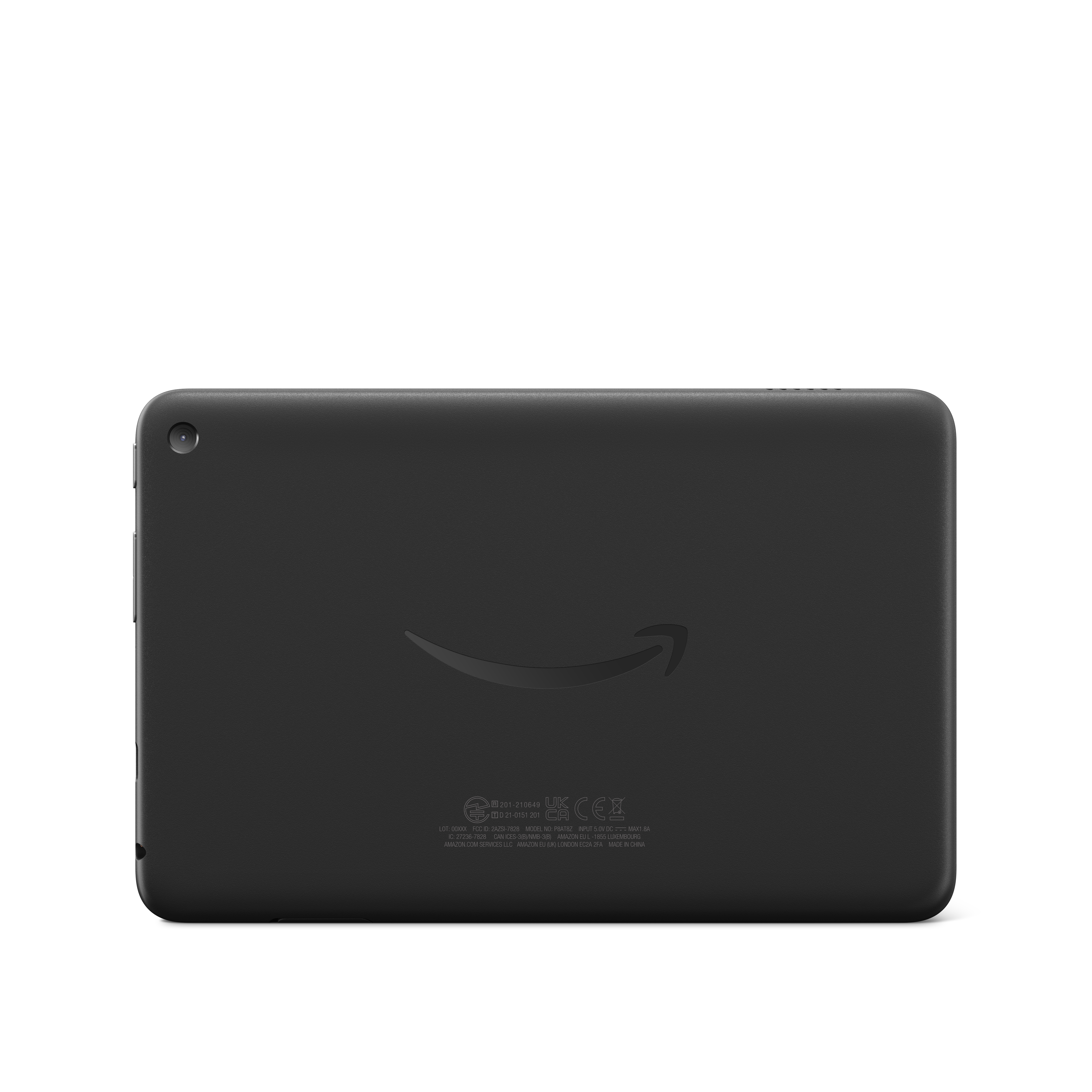 Rückseite eines schwarzen Amazon Fire Tablets. Mit Amazon-Logo und weiteren Details.