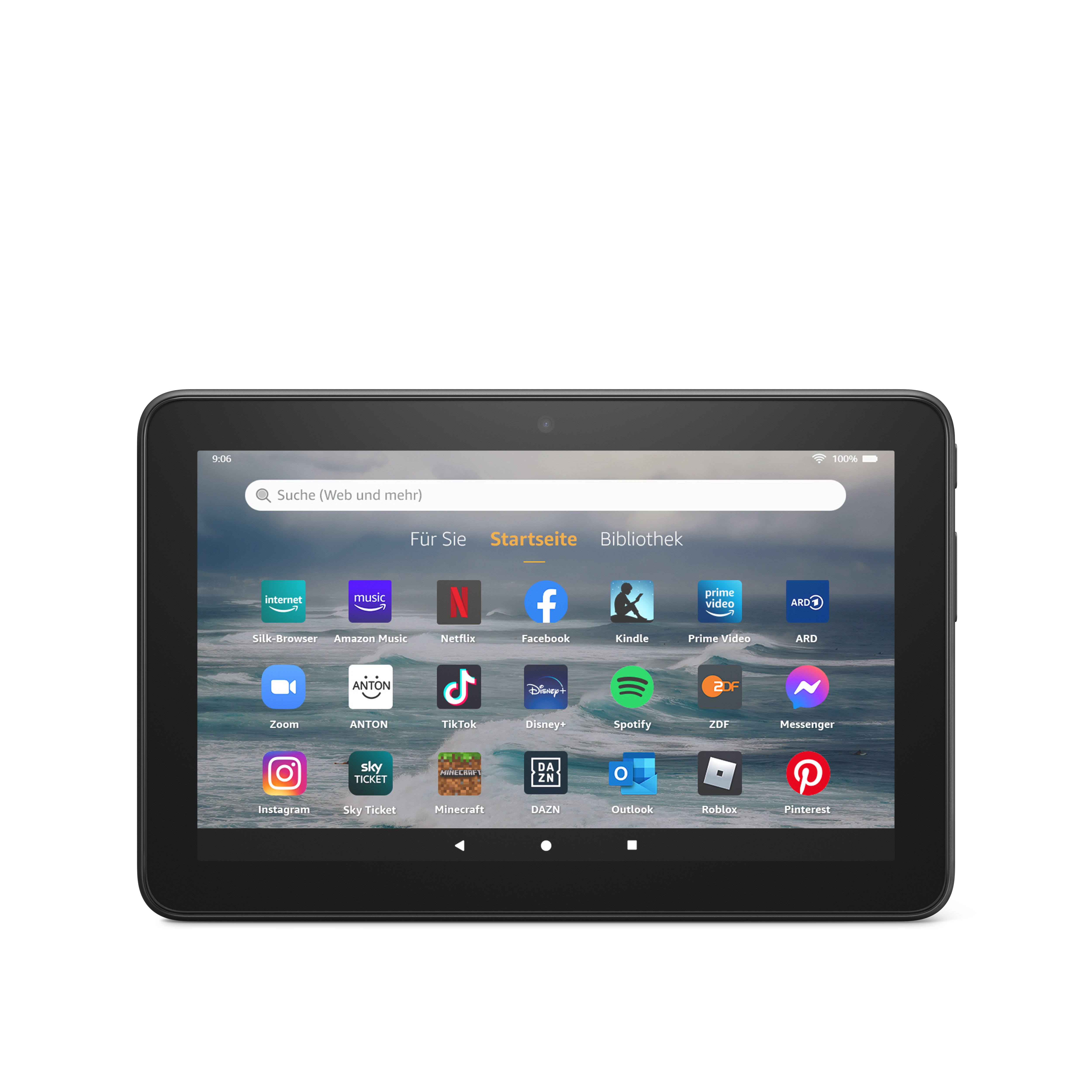 Schwarzes Tablet mit Apps auf dem Bildschirm. Der Bildschirm zeigt Apps für verschiedene Dienste.