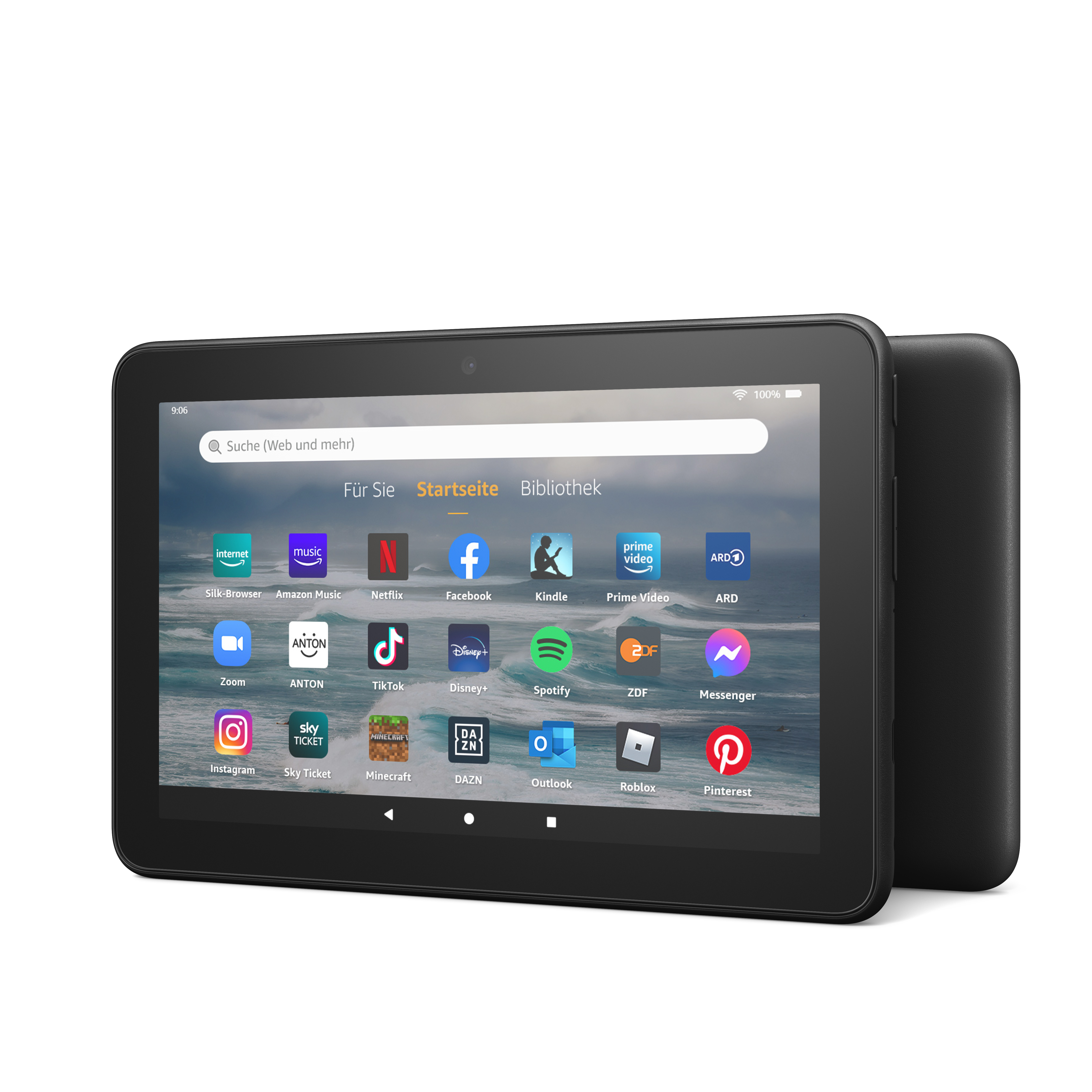 Schwarzes Tablet mit Symbolen auf dem Bildschirm und einer schlichten schwarzen Rückseite. Symbole auf dem Bildschirm.