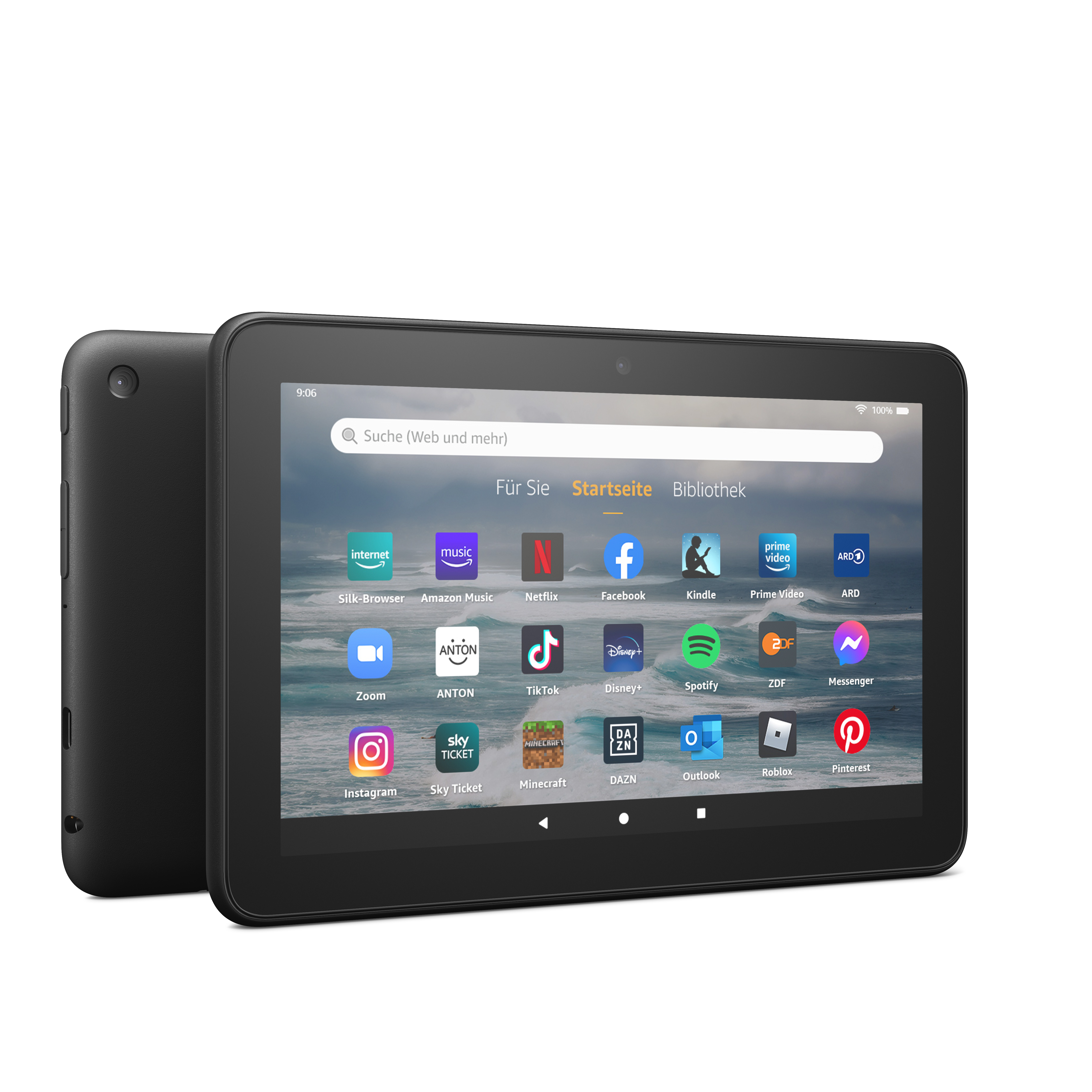 Ein schwarzes Tablet mit einem Bildschirm, der verschiedene Apps zeigt, auf weißem Hintergrund.