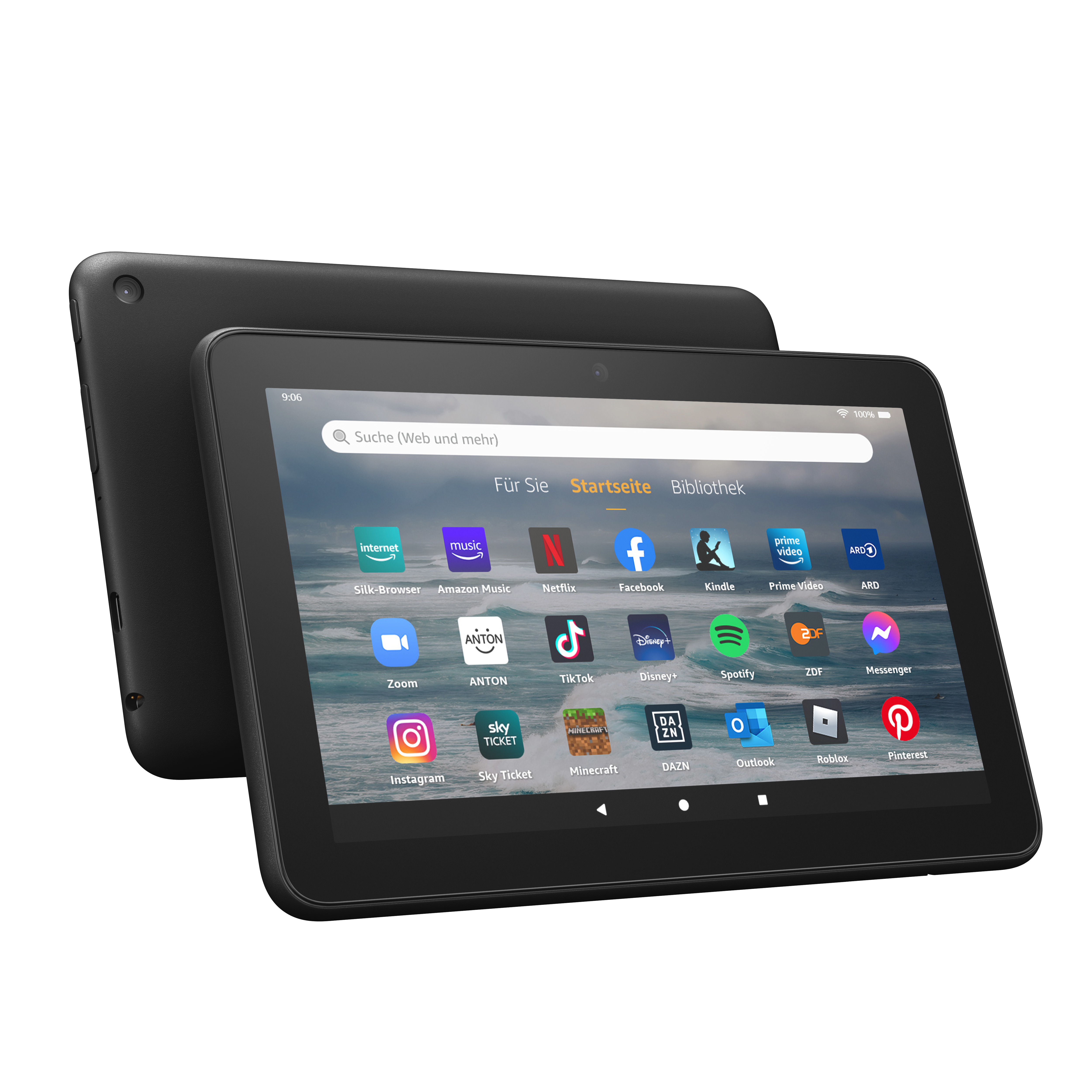 Schwarzes Tablet mit Symbolen auf dem Bildschirm. Zwei Tablets werden angezeigt, eines vorne, eines im Hintergrund.
