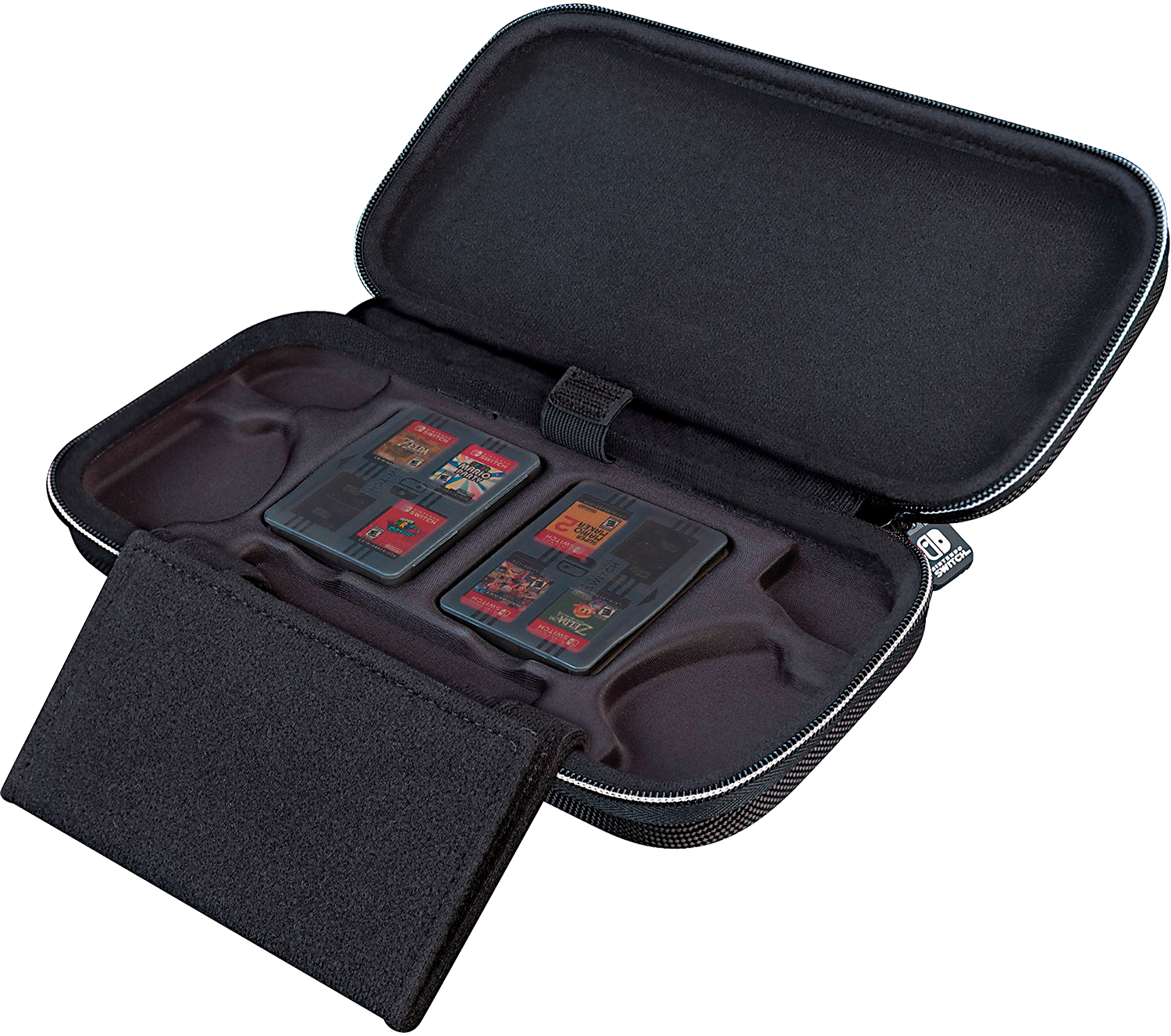 Zwarte Switch-etui open, met gamecartridges en een kleine pouch met kaarten.