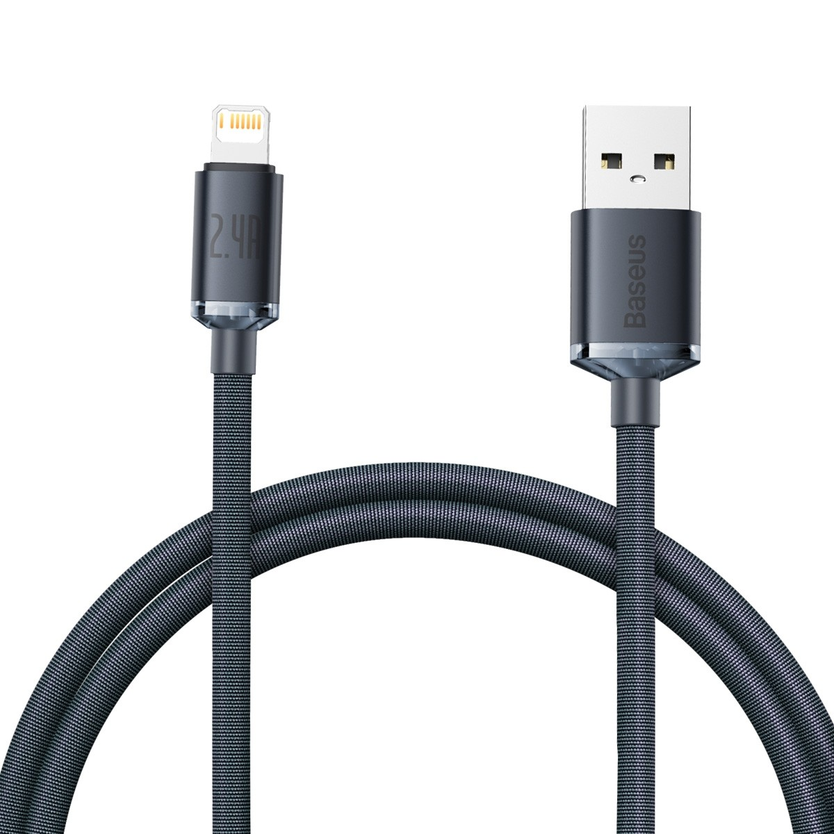 Siyah ve gri bir USB - Lightning kablosu, beyaz zemin üzerinde.