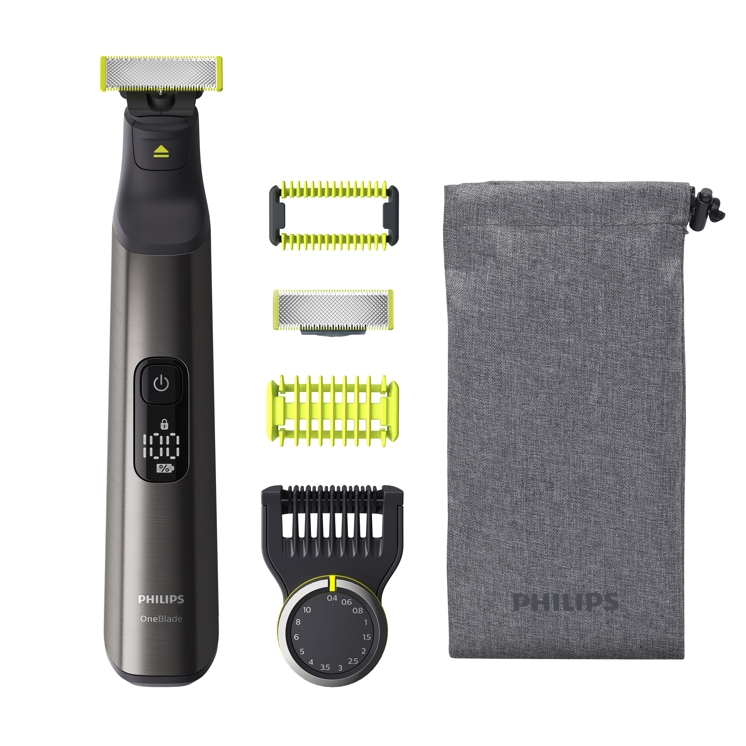 Philips OneBlade mit Zubehör: Kämme, Trimmerköpfe und Aufbewahrungstasche.