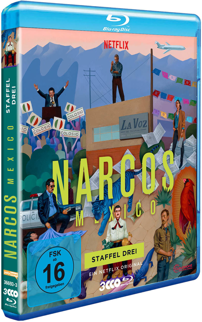 Eine Blu-ray-Disc-Hülle mit dem Titel „Narcos: Mexico“ auf dem Cover, mit Figuren und Gebäuden.