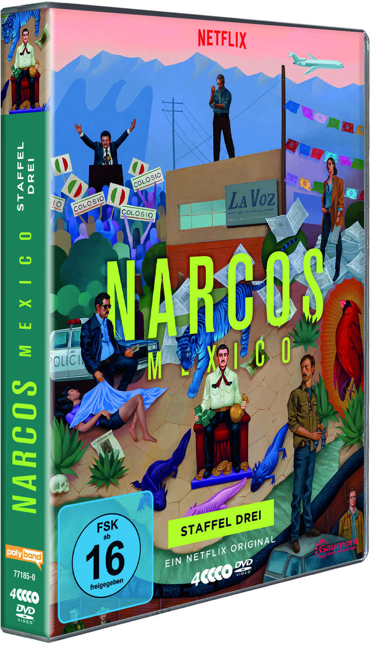 DVD-Hülle von 'Narcos Mexico' mit einem Coverbild mit mehreren Charakteren und dem Serientitel.