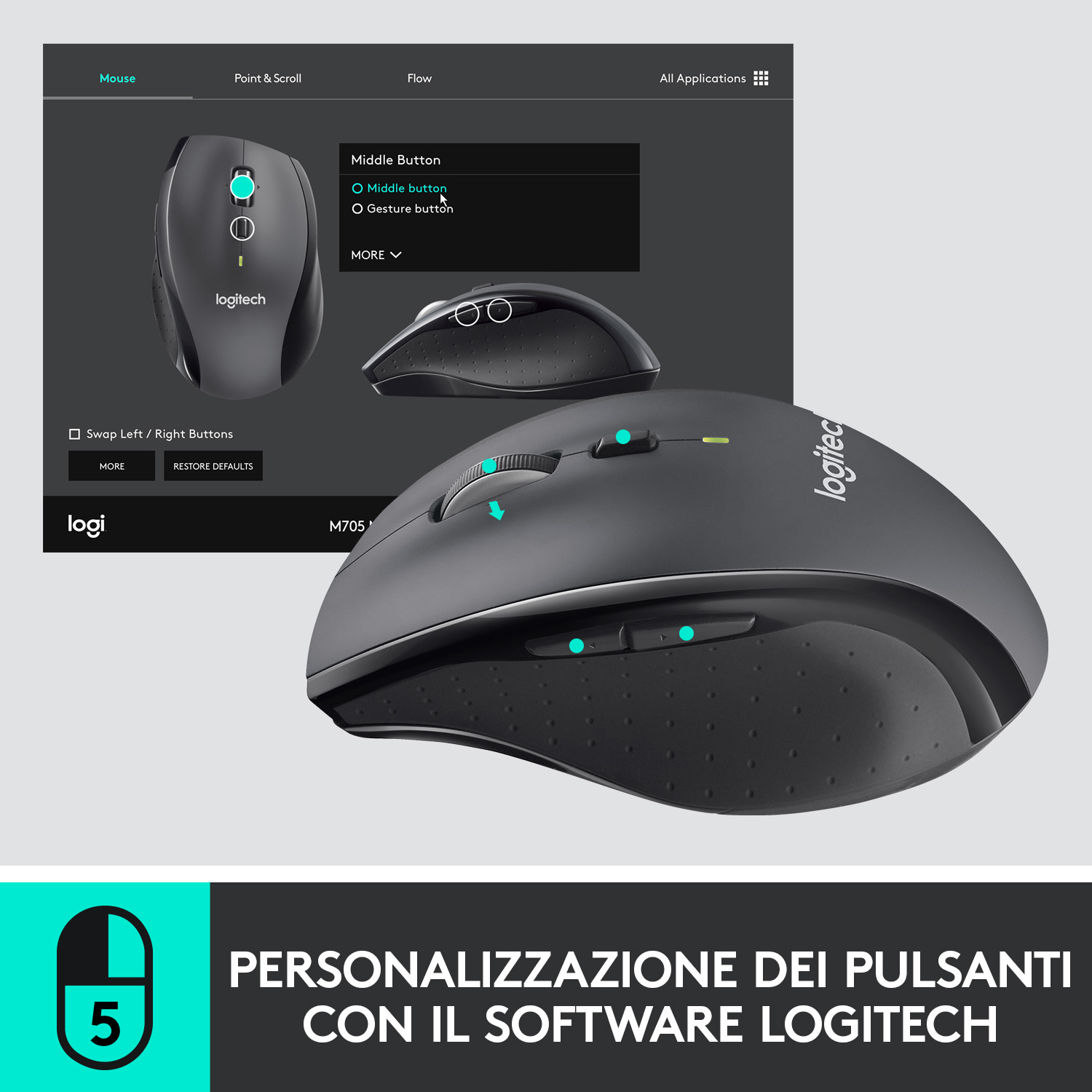 Un mouse Logitech nero con opzioni di personalizzazione dei pulsanti visualizzate sullo schermo.