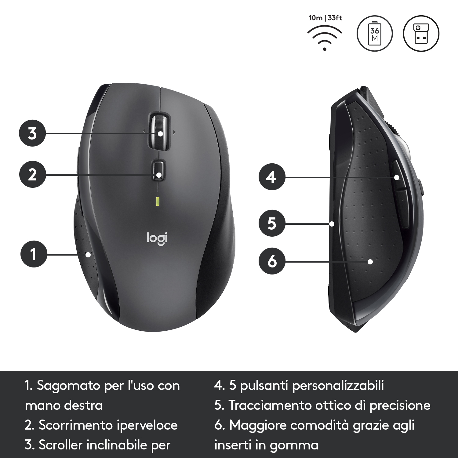 Mouse Logitech nero con pulsanti e rotella. Le etichette indicano le funzioni.