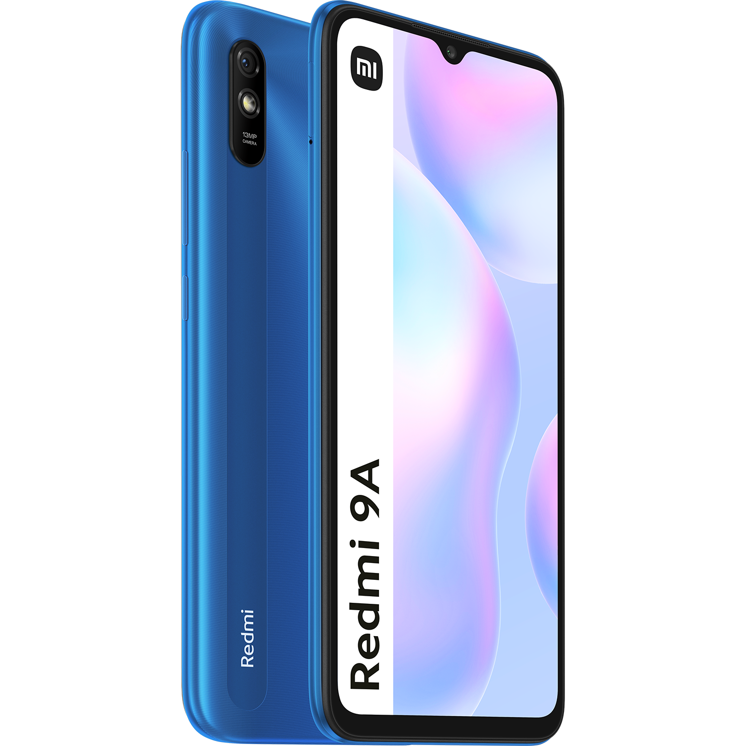 Smartphone Redmi 9A azul, vista trasera y frontal. Cámara, logotipo de Redmi y pantalla visibles.