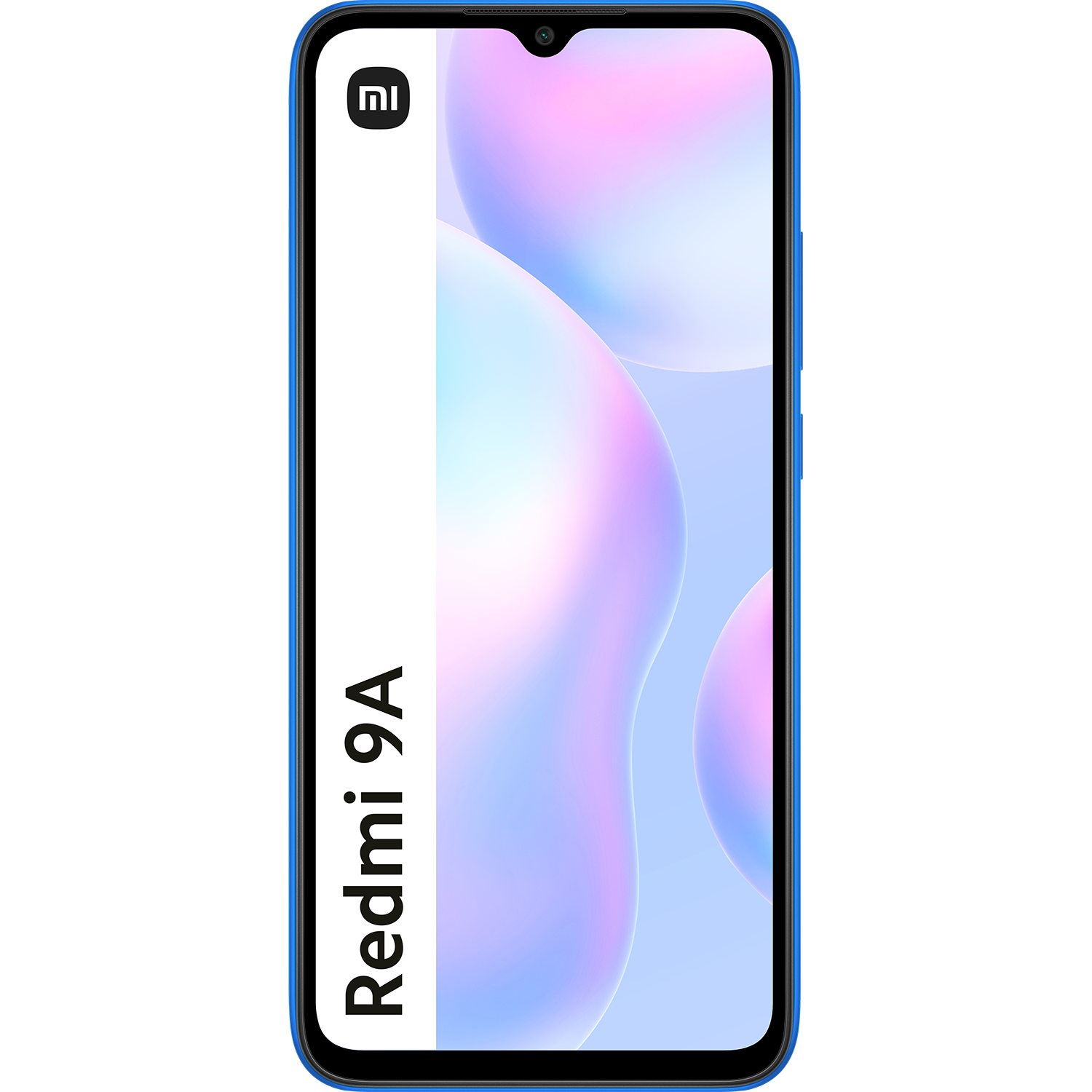 Teléfono azul Redmi 9A sobre un fondo blanco con el texto Redmi 9A.