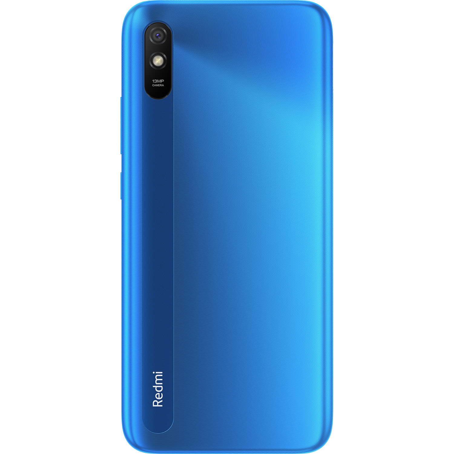 Parte trasera de un teléfono inteligente azul. Cámara y logotipo visibles.