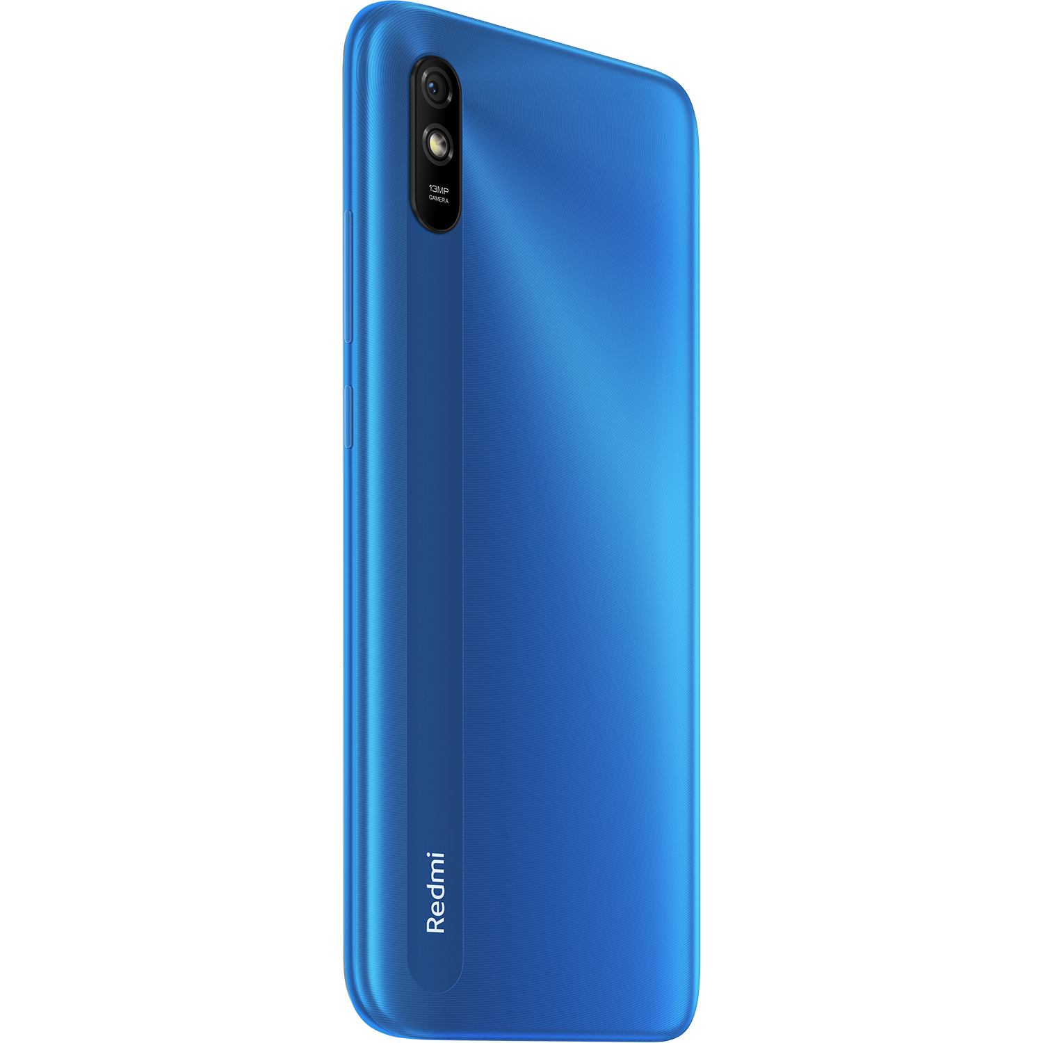 Un smartphone azul sobre fondo negro. La cámara es visible en la parte trasera.