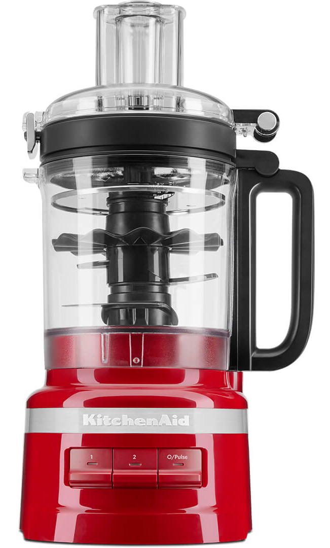 Piros KitchenAid konyhai robotgép átlátszó keverőtállal és fekete fogantyúval.