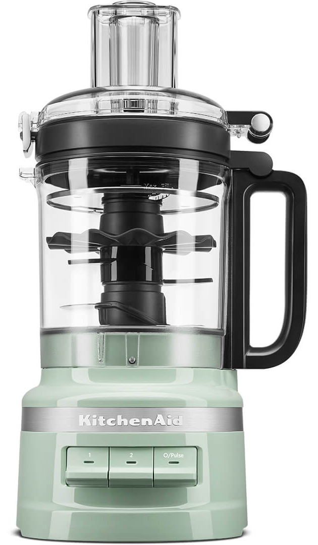 Zöld KitchenAid konyhai robotgép átlátszó tálal és fekete fogantyúval.