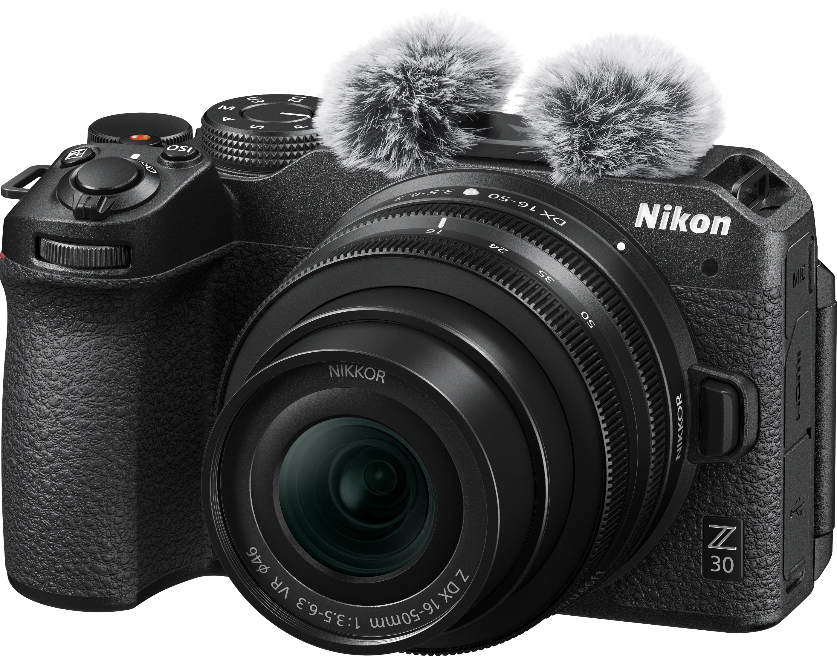 Appareil photo Nikon Z 30 noir avec objectif et deux microphones à fourrure attachés.