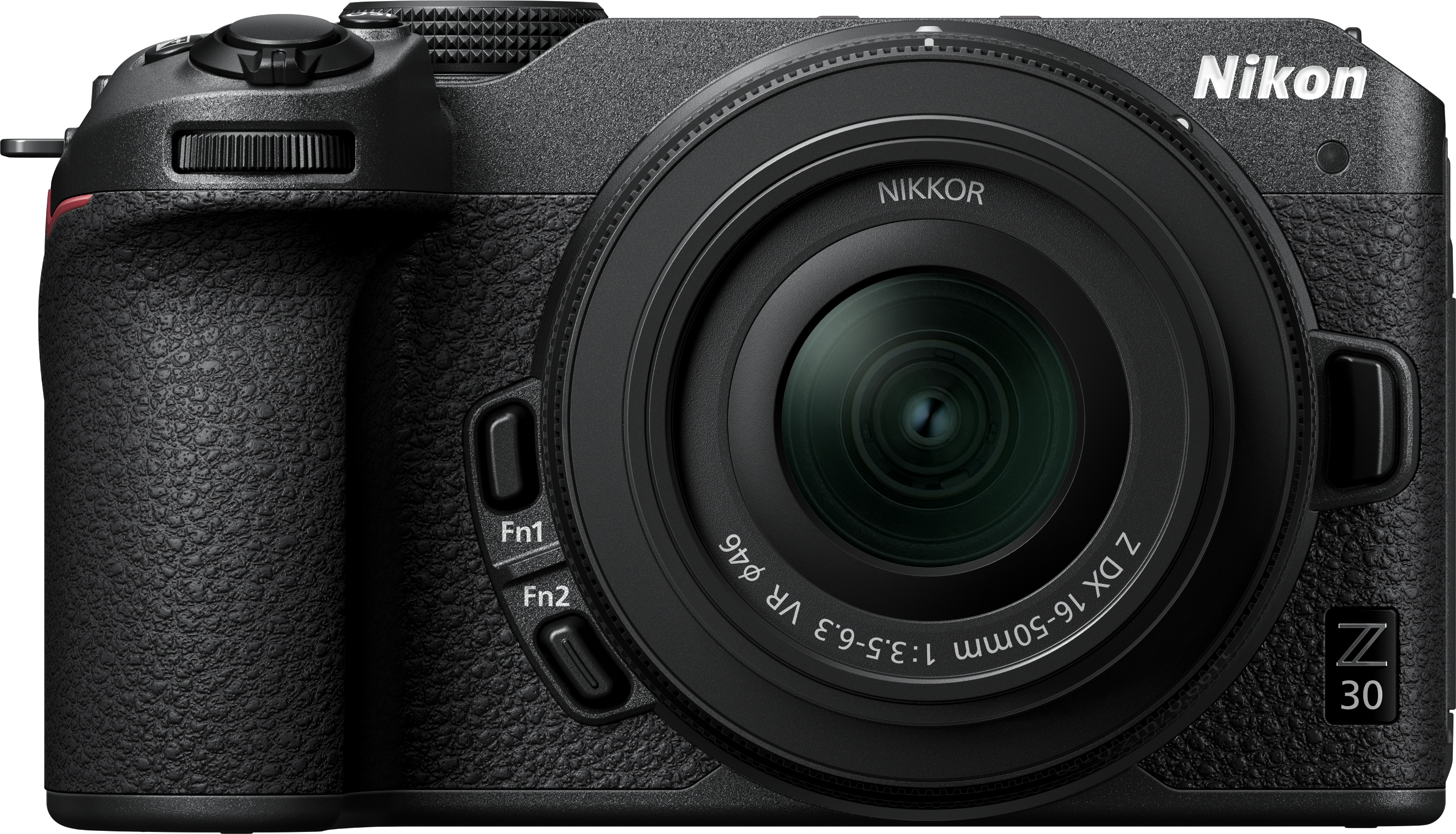 Appareil photo Nikon Z 30, noir. L'objectif est mis au point. Vue de face.