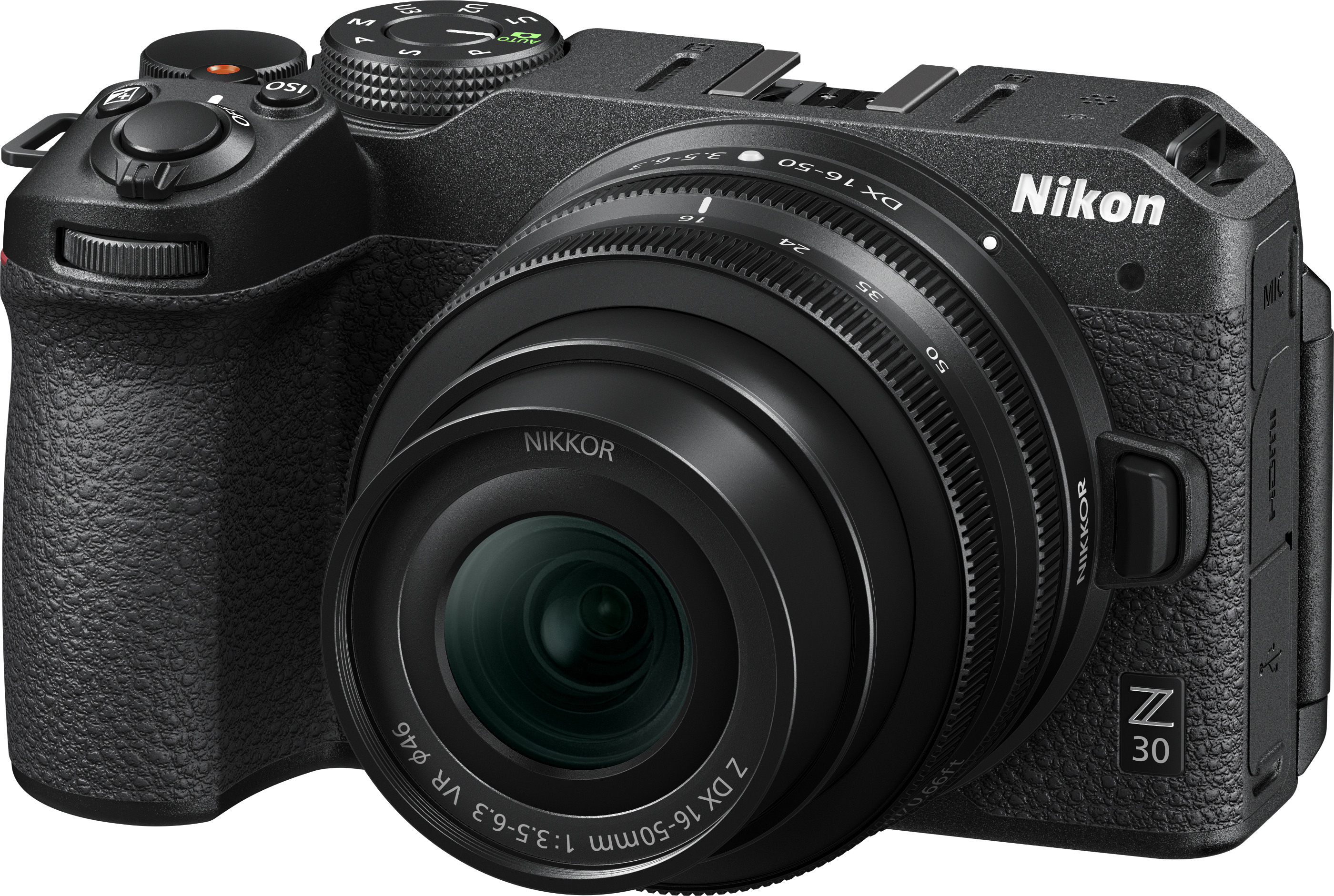 Appareil photo Nikon noir avec objectif sur fond noir.