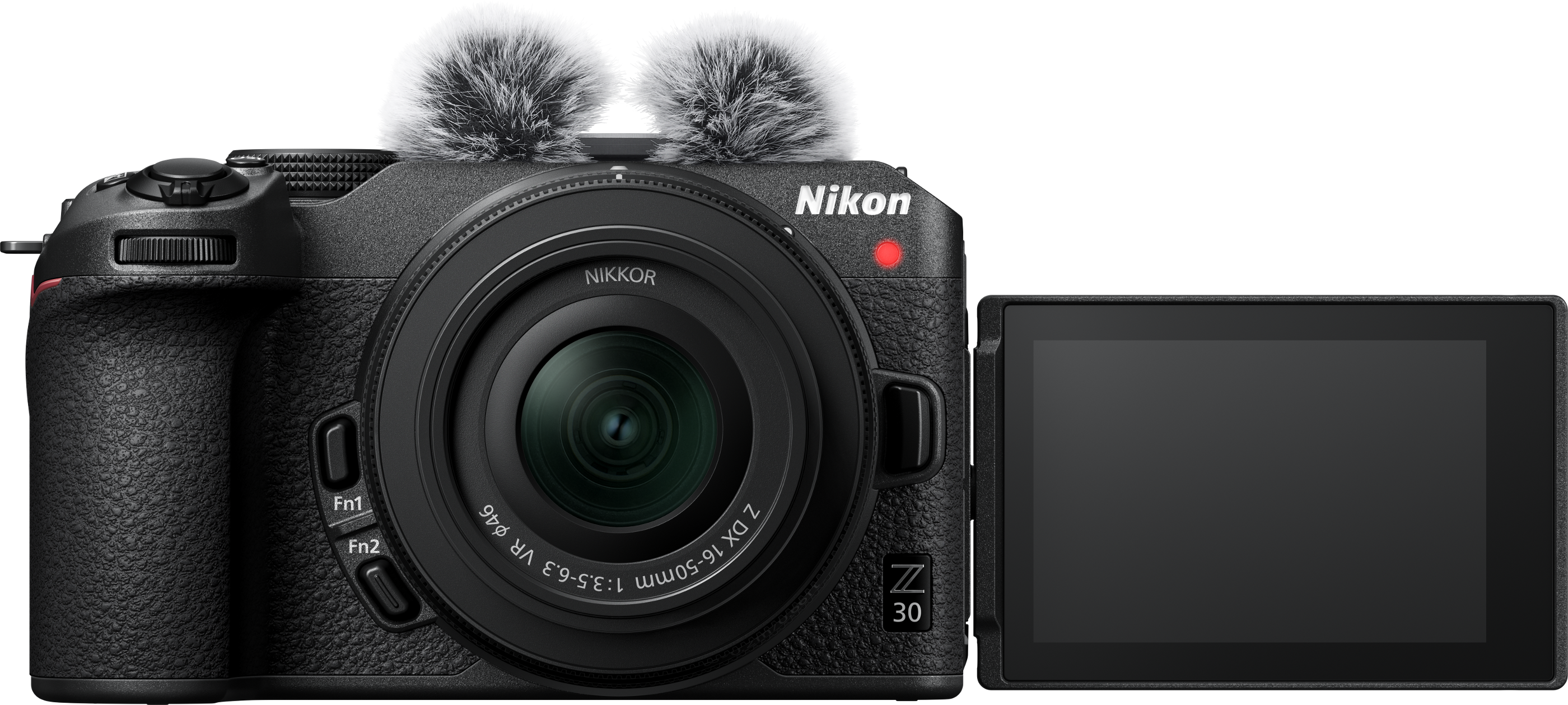 Appareil photo Nikon Z30 avec deux microphones et un écran rabattable.