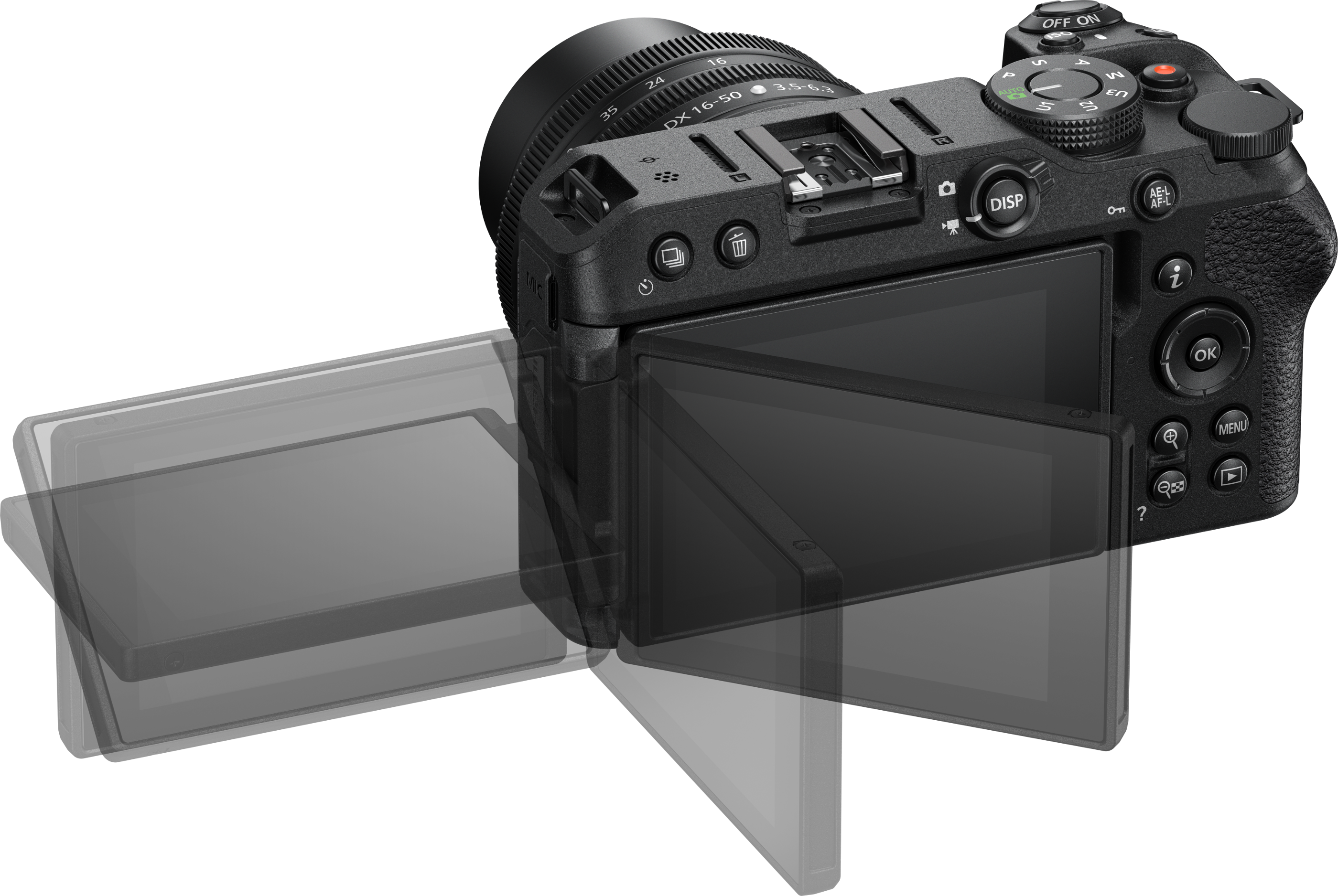 Appareil photo Nikon noir avec écran incliné. L'écran est dans plusieurs positions.