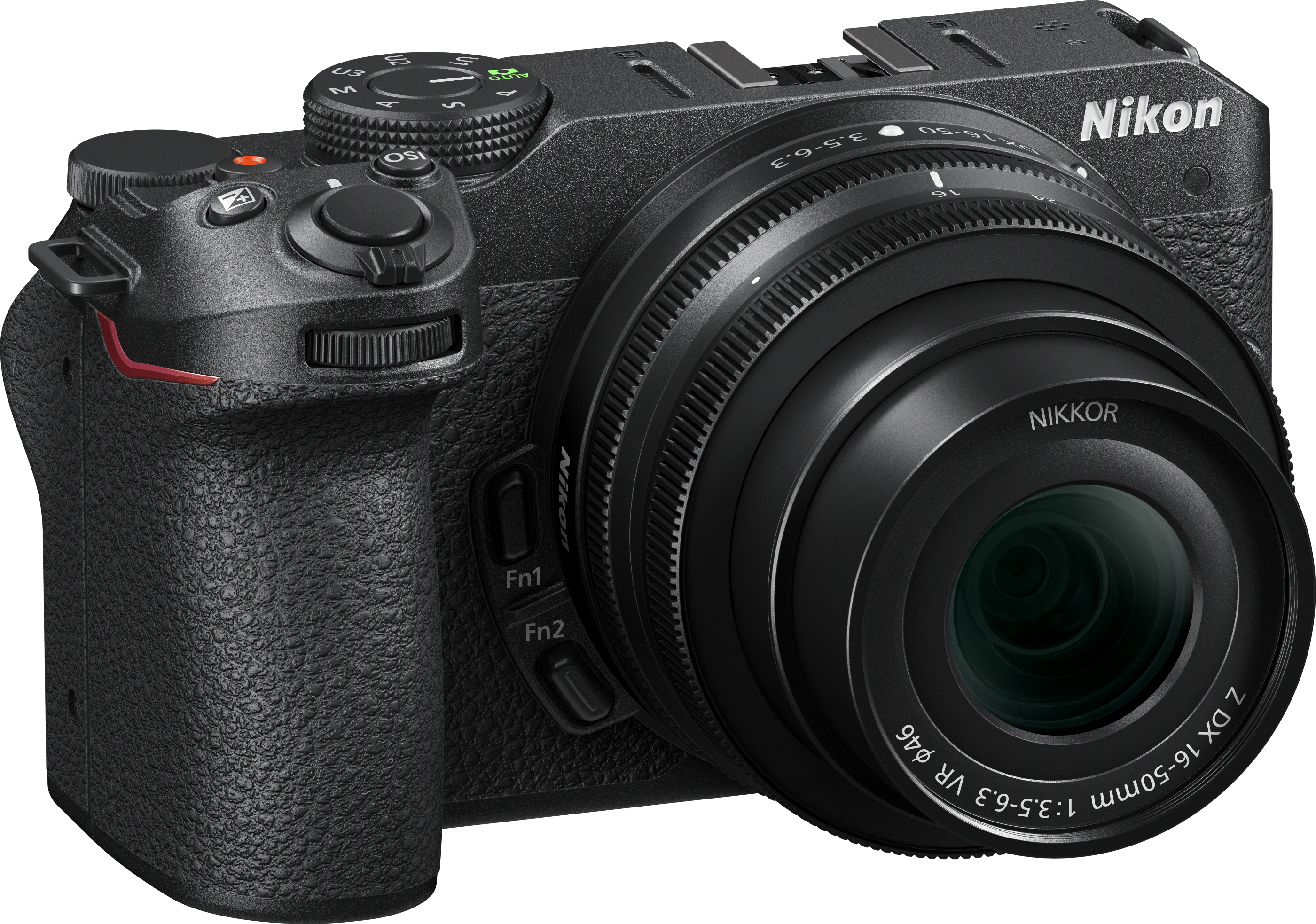 Appareil photo Nikon noir avec objectif face au spectateur, montrant cadrans et boutons.