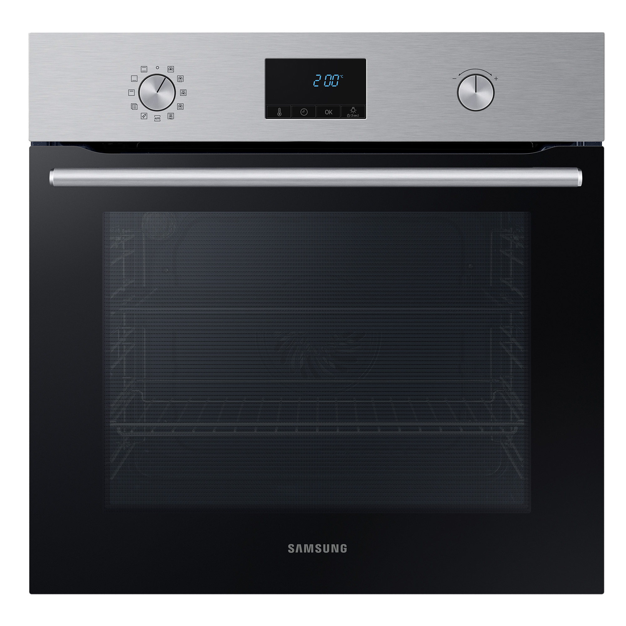 Horno Samsung plateado con puerta de vidrio negro, pantalla digital y mandos arriba.