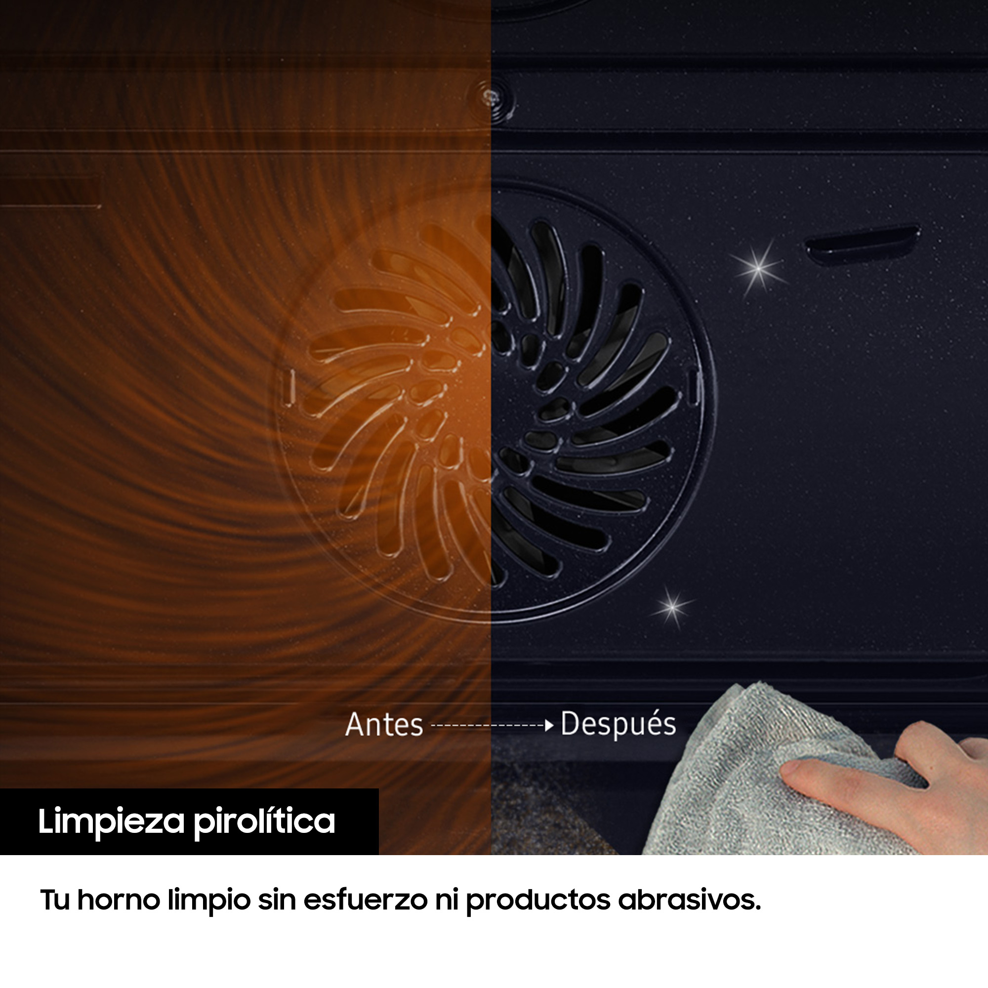 Una comparación de limpieza de horno. Un lado está sucio, el otro limpio. Texto: Pirolimpieza.
