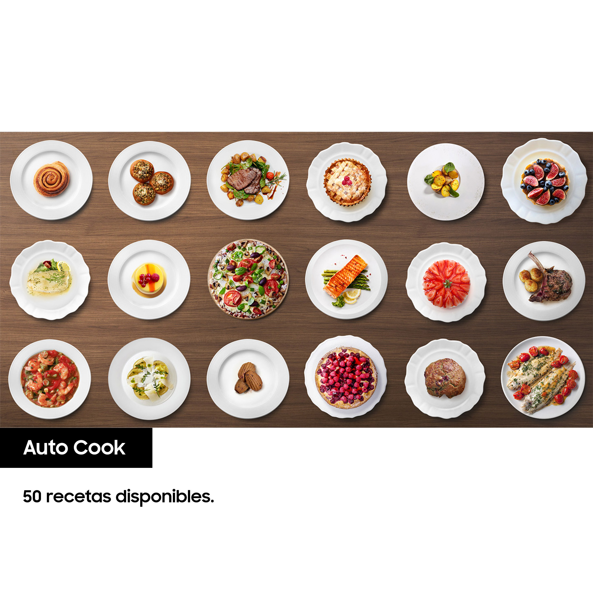 Platos múltiples con varios platos, texto 'Auto Cook' y '50 recetas disponibles'.