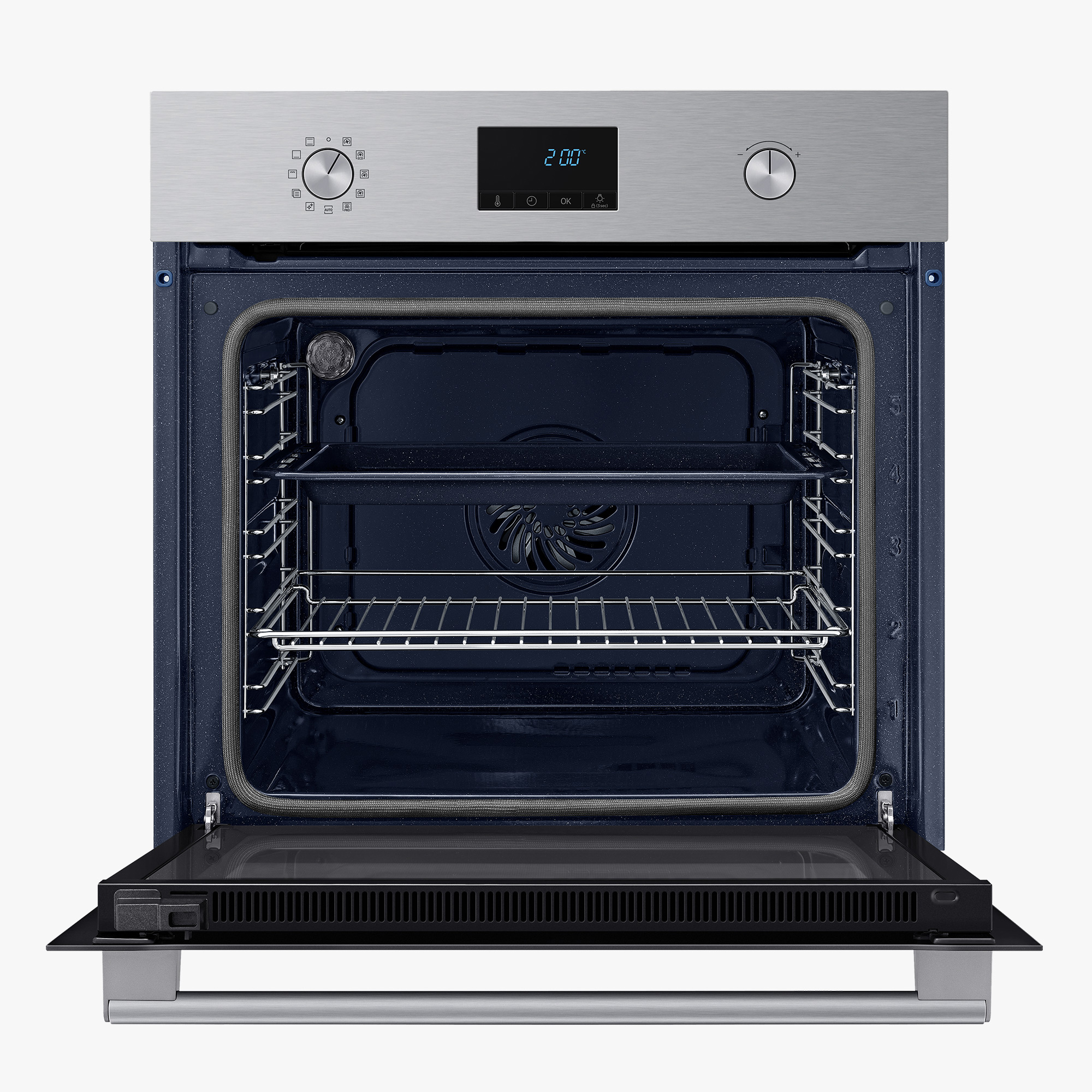 Horno de acero inoxidable abierto con interior azul oscuro. Puerta abierta.