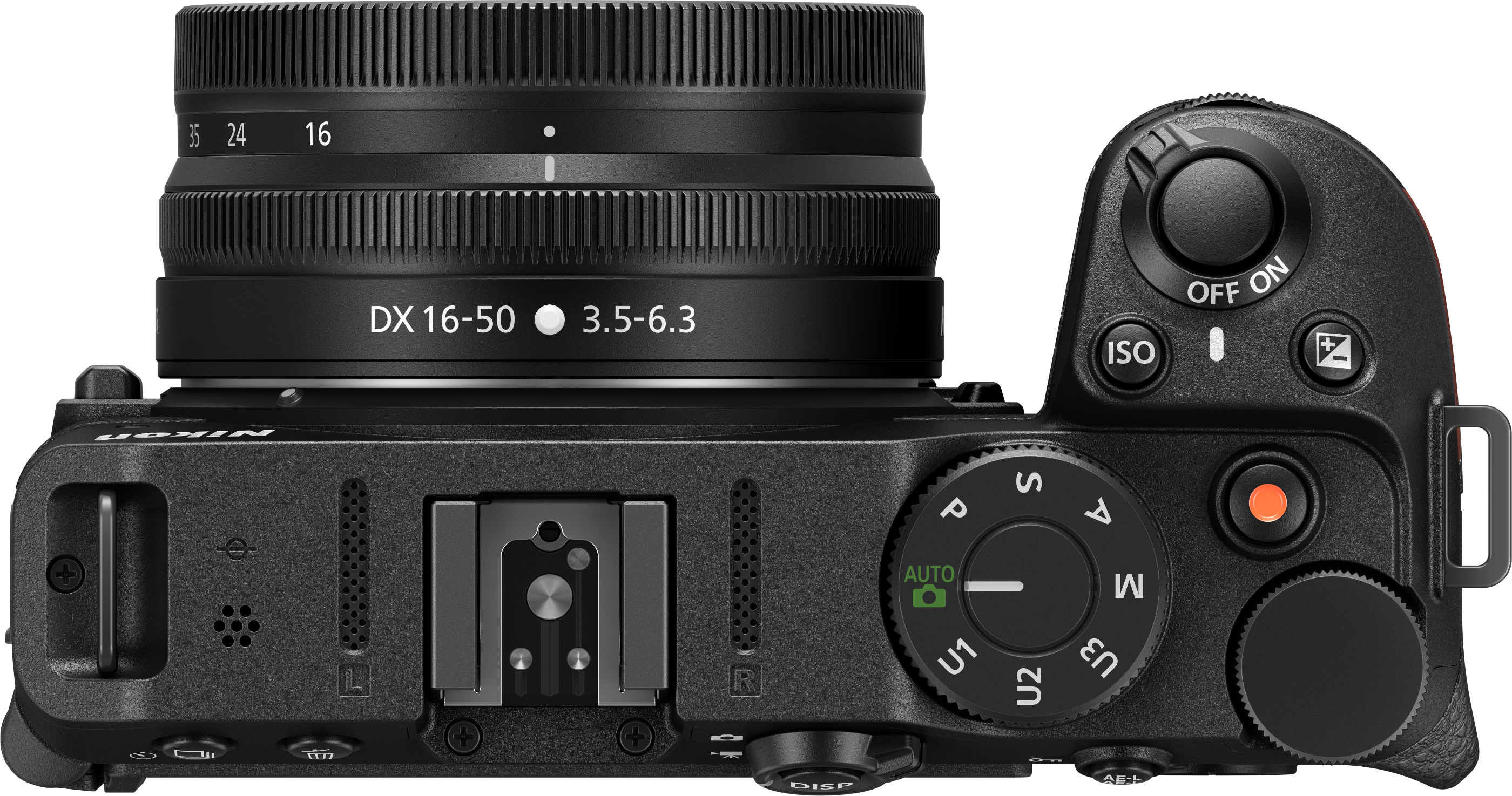 Vue de dessus d'un appareil photo Nikon avec objectif et boutons.