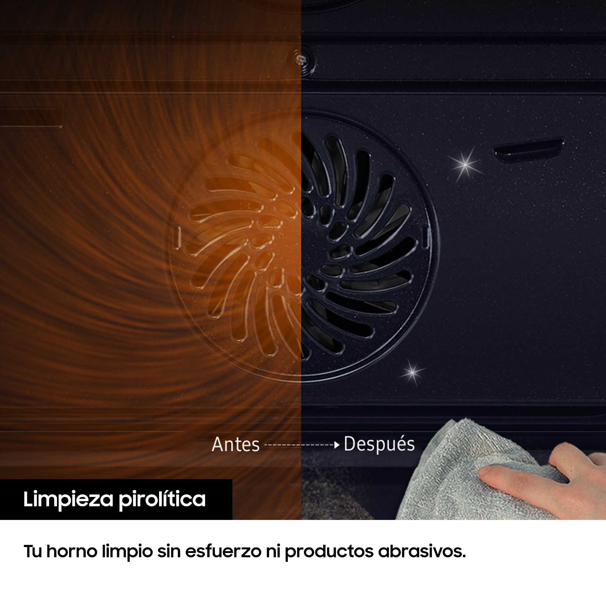 Se muestra un interior de horno, comparando antes y después de la limpieza con una mano que lo limpia con un paño.