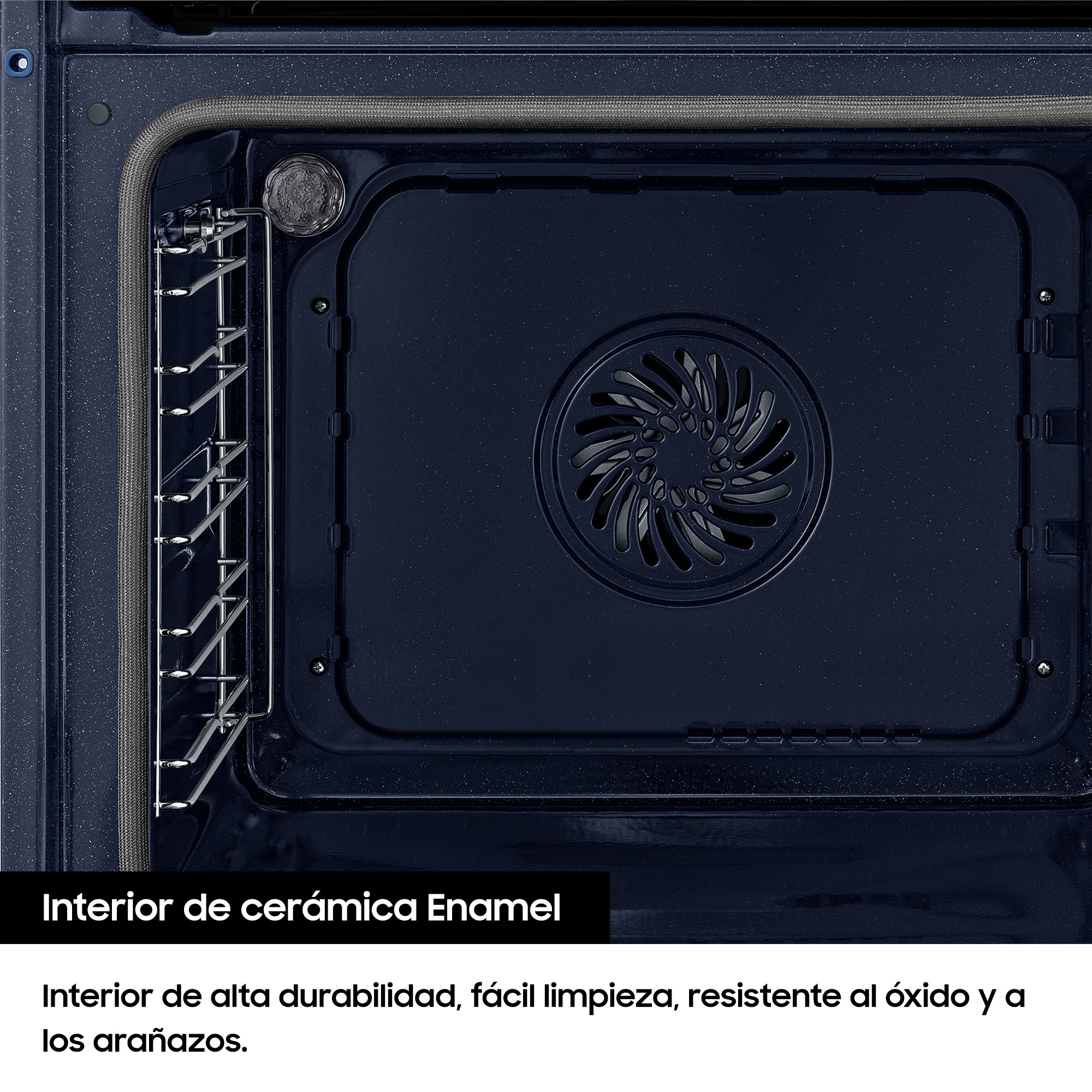 Interior del horno con interior azul oscuro y ventilador. La pared con el texto 'Interior de esmalte cerámico'.