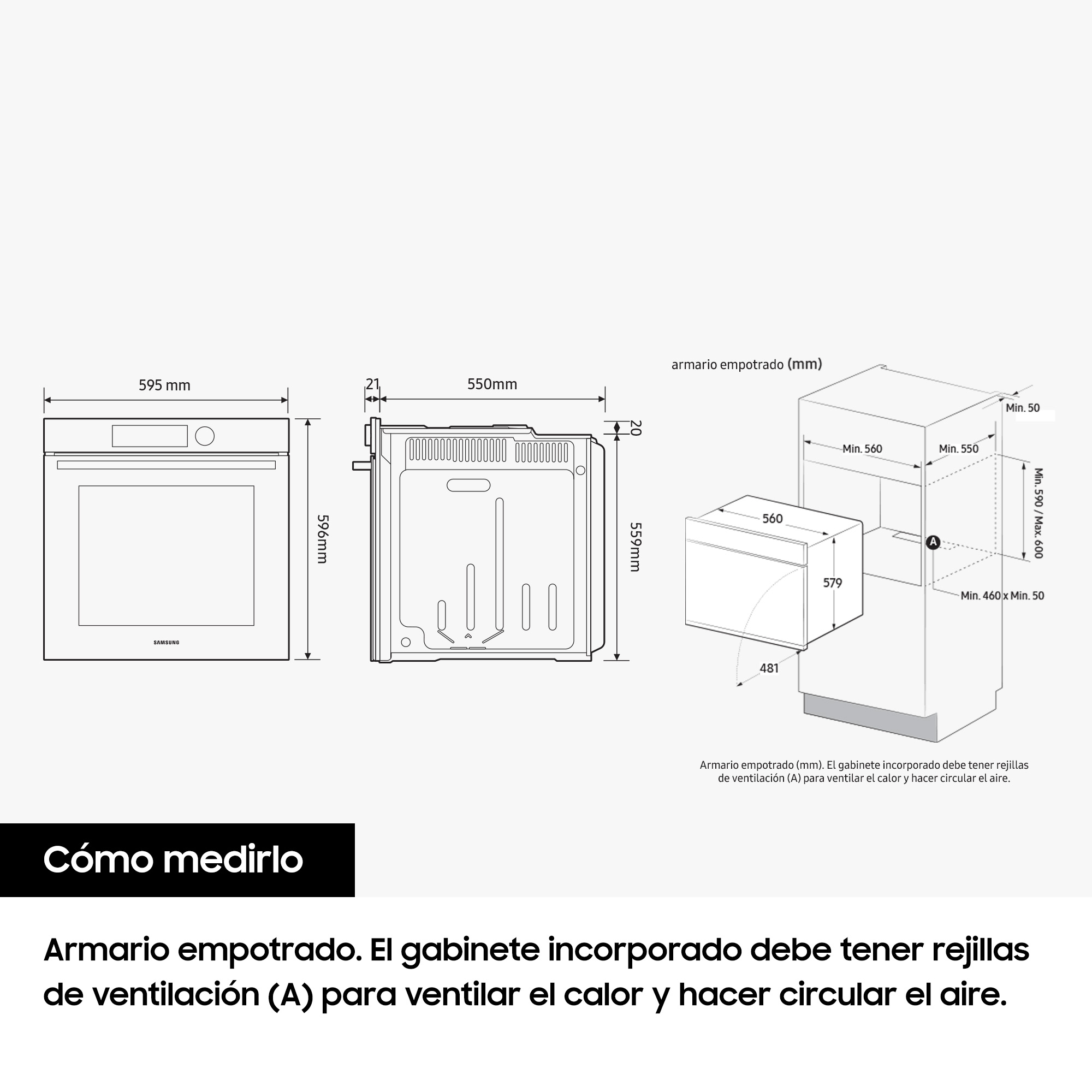 Diagrama de horno empotrado con dimensiones e instrucciones de instalación.