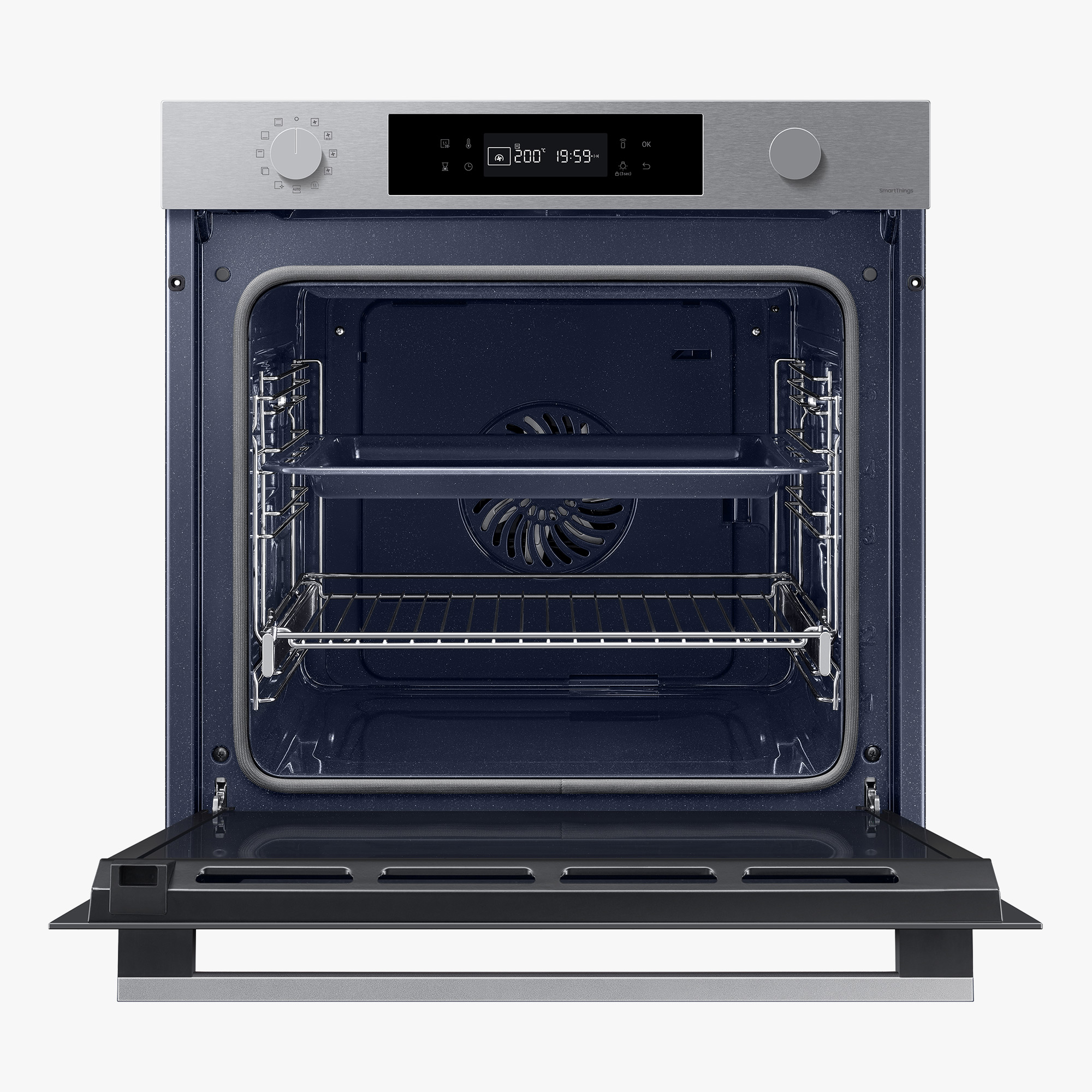 Horno de acero inoxidable con puerta abierta, rejillas internas y pantalla.