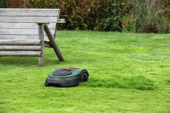 Robotfűnyíró zöld füvön, egy fa pad mellett. Az ég borús.