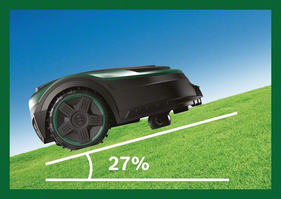 Robotfűnyíró lejtőn, 27%-os dőlésszög jelzővel.