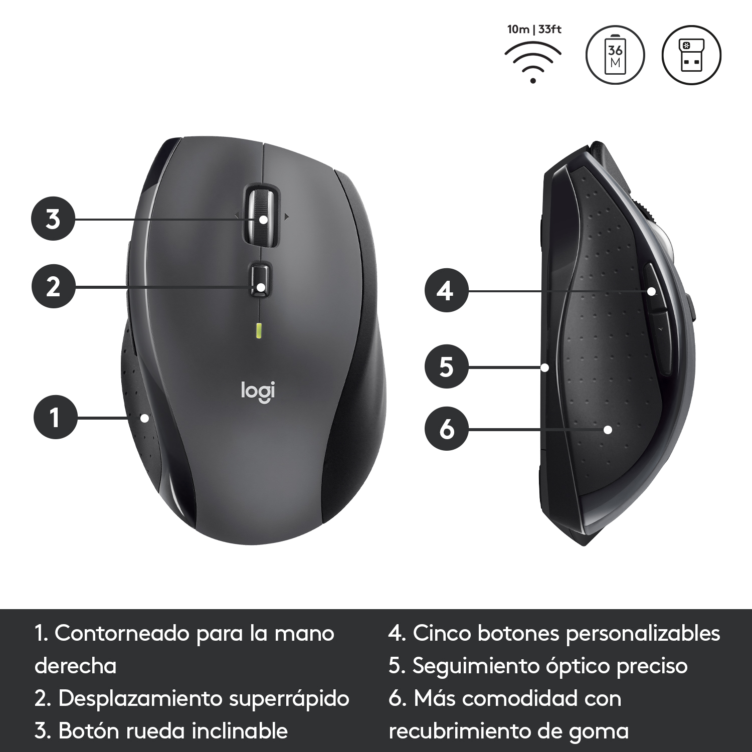Un mouse ergonómico negro con botones etiquetados, vista lateral y superior, sobre fondo blanco.