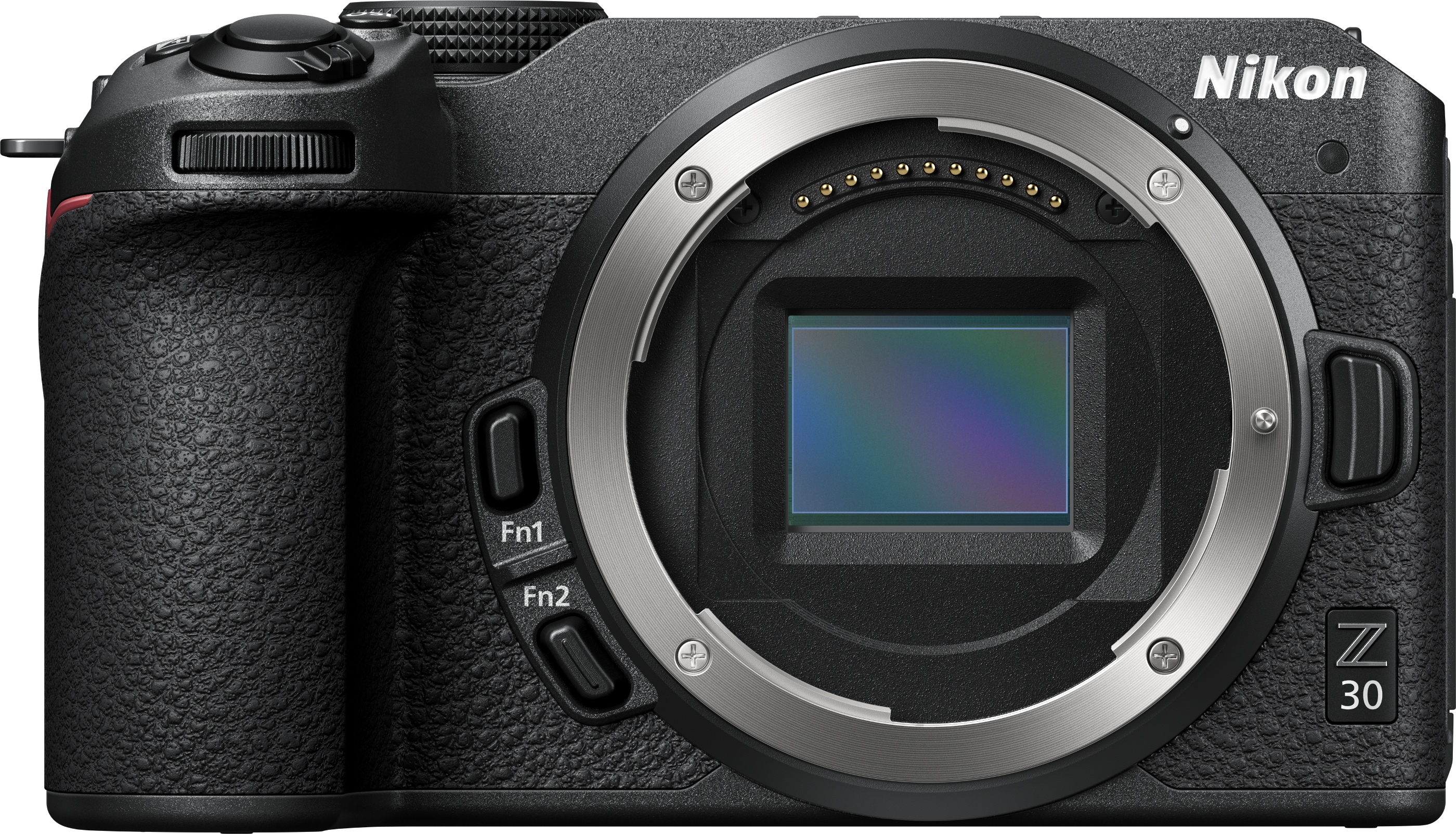 Gros plan d'un appareil photo Nikon Z 30 noir. Objectif et boutons visibles. Le fond est noir.