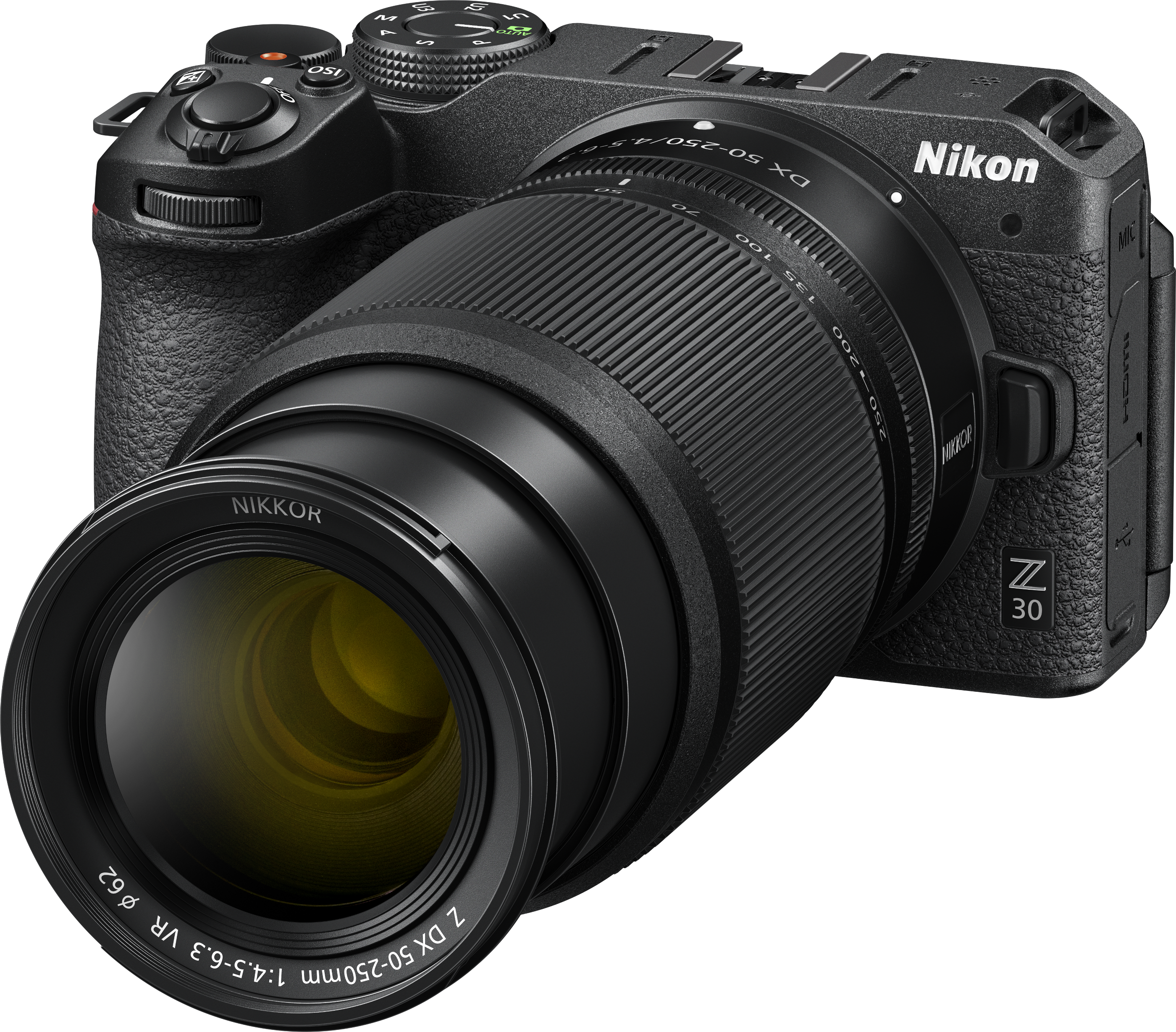 Un appareil photo Nikon Z 30 avec un objectif, sur fond noir.