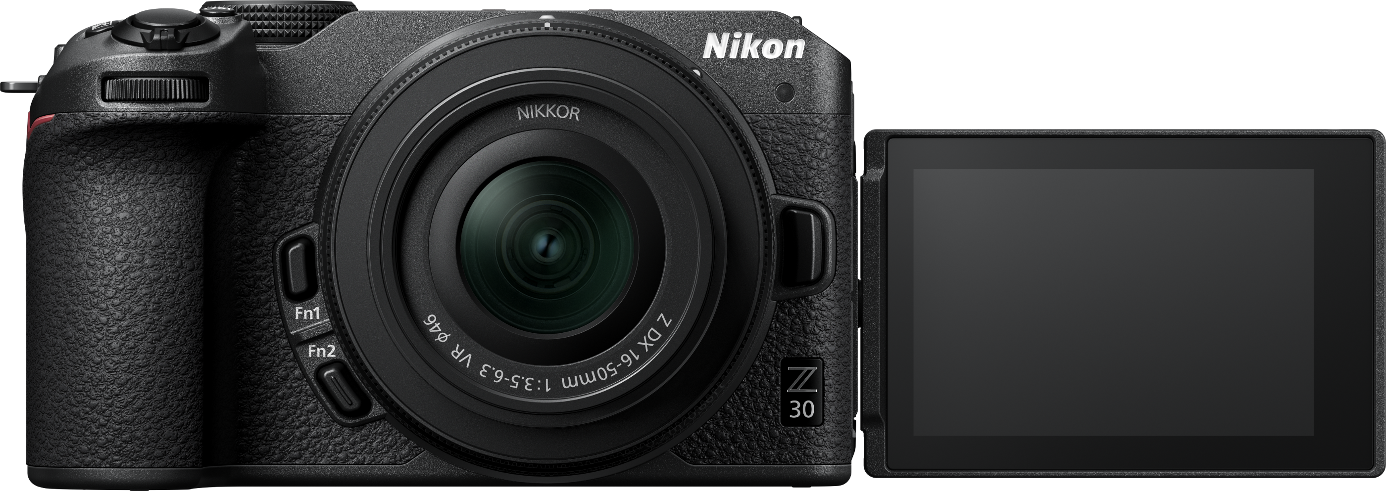 Appareil photo Nikon Z30, noir, avec objectif et écran ouvert. Vue de face, détails nets.