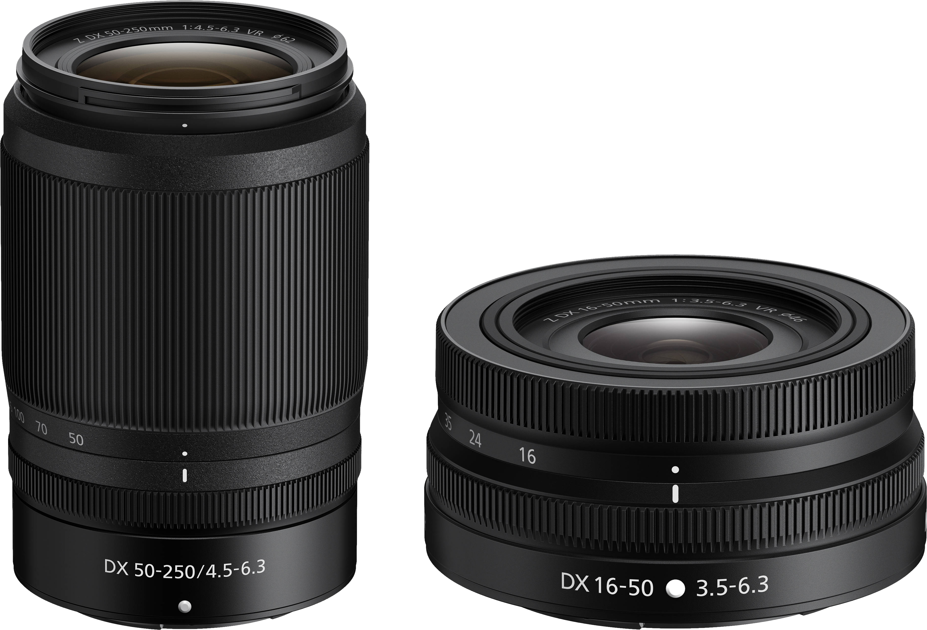 Deux objectifs d'appareil photo noirs. L'un est plus long avec une bague de zoom, l'autre plus court et plus large.