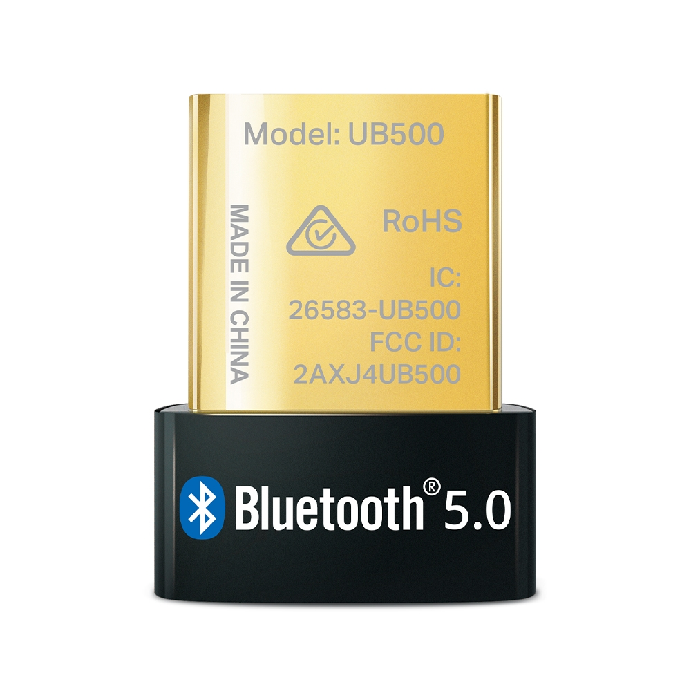 Küçük siyah ve altın renkli bir Bluetooth adaptörü. Üzerinde şu metinler var: Model: UB500, RoHS, IC, FCC ID ve Bluetooth 5.0 logosu.
