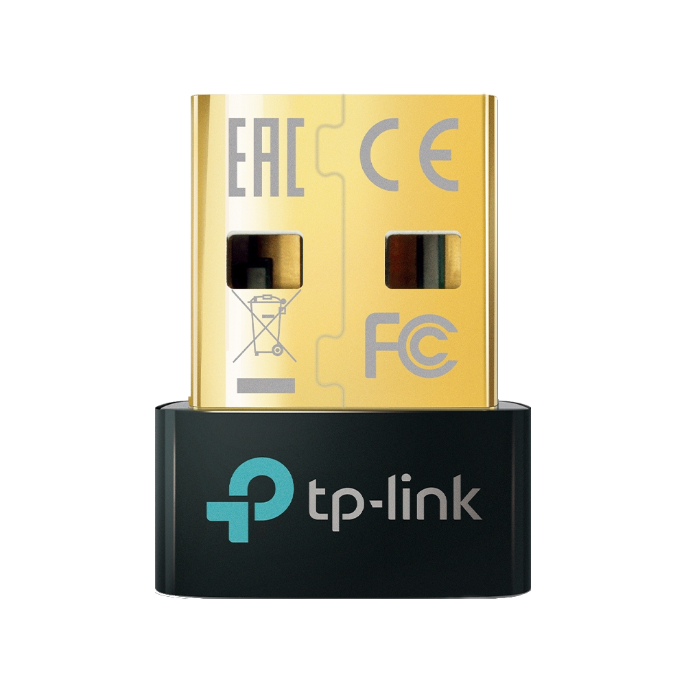 TP-Link USB Wi-Fi adaptörü. Altın ve siyah renkler, logo ve düzenleyici işaretlerle.