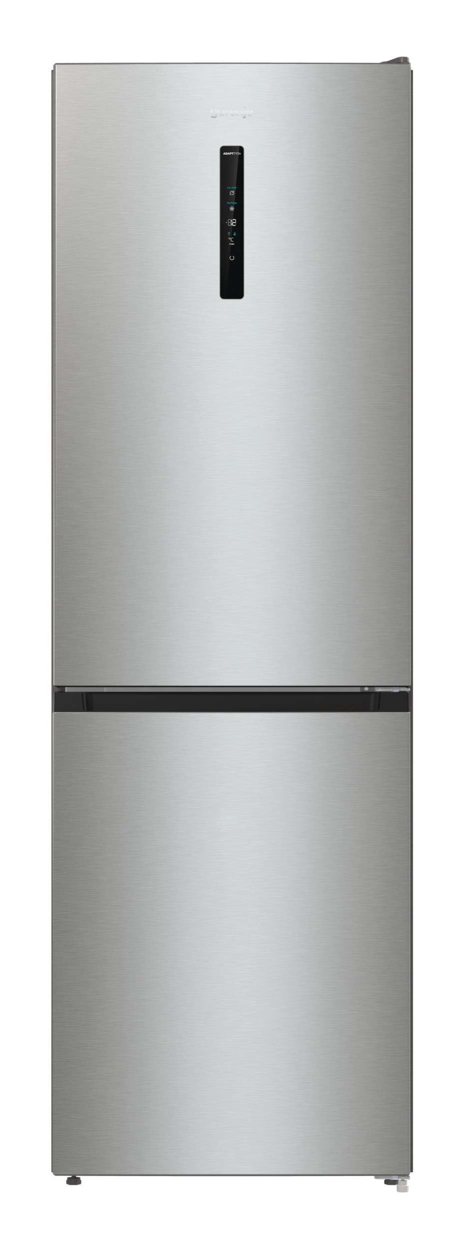 Ein hoher Kühlschrank aus Edelstahl mit schwarzem Bedienfeld.