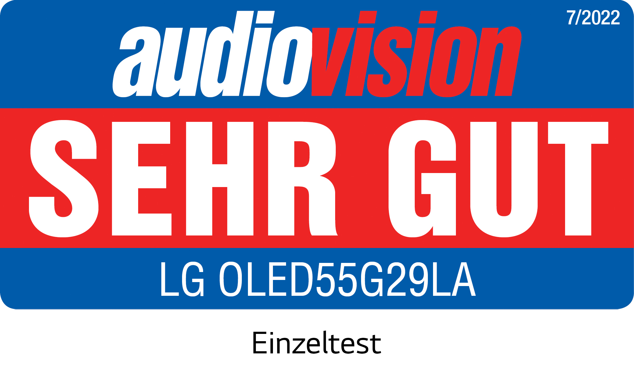 audiovision-Testbericht: LG OLED55G29LA, Bewertung "SEHR GUT". Blauer und weißer Text auf blauem Hintergrund.