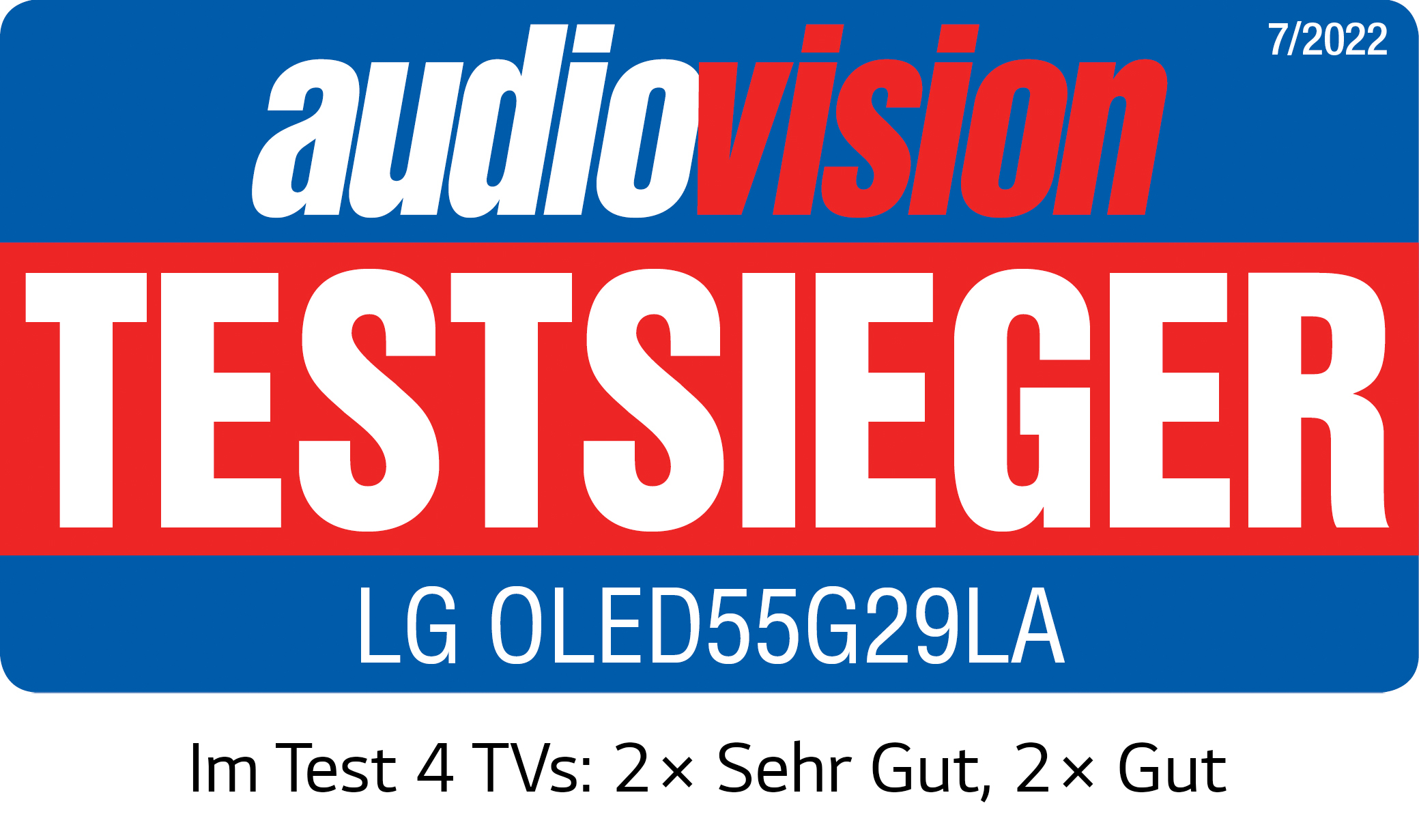 audiovision-Testbericht: LG OLED55G29LA, "TESTSIEGER". Blauer und weißer Text auf blauem Hintergrund.
