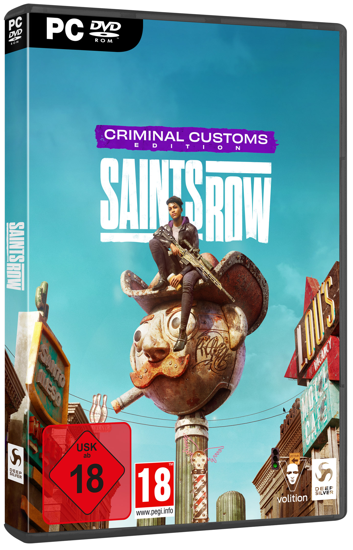 Spielbox, Saints Row Criminal Customs Edition, mit einer Person auf einer Figur, die ein Wesen reitet.