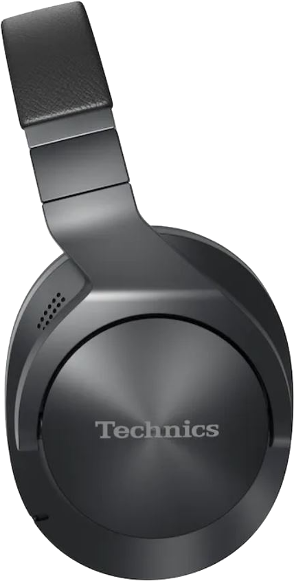 Fekete Technics fejhallgató, szögből. A fülesek kör alakúak, a Technics logó látható.