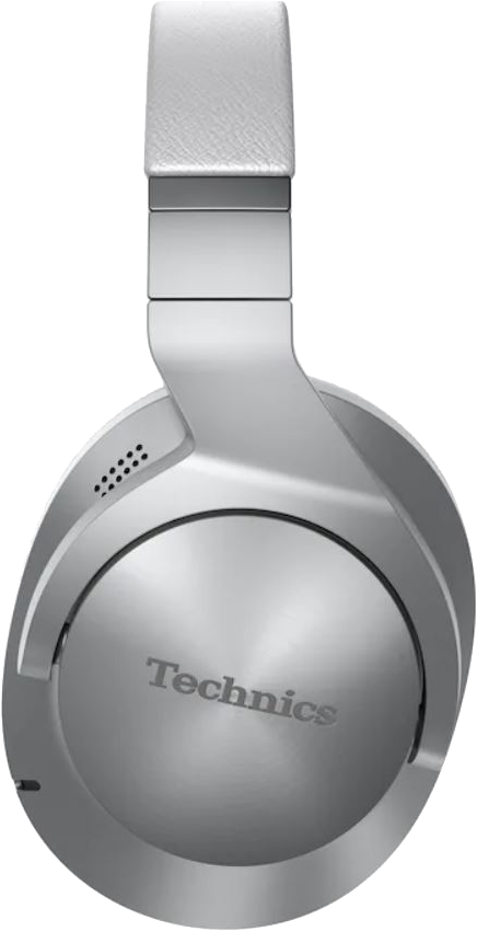 Ezüst, fülre simuló fejhallgató, Technics logóval a fülhallgatón, fekete háttéren.